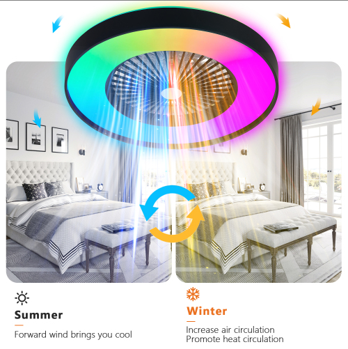 23 Inch Black Ceiling Fan Light With LED RGB  Dimmable & Color-Changing, APP & Remote Control, Modern Smart Ceiling Fan