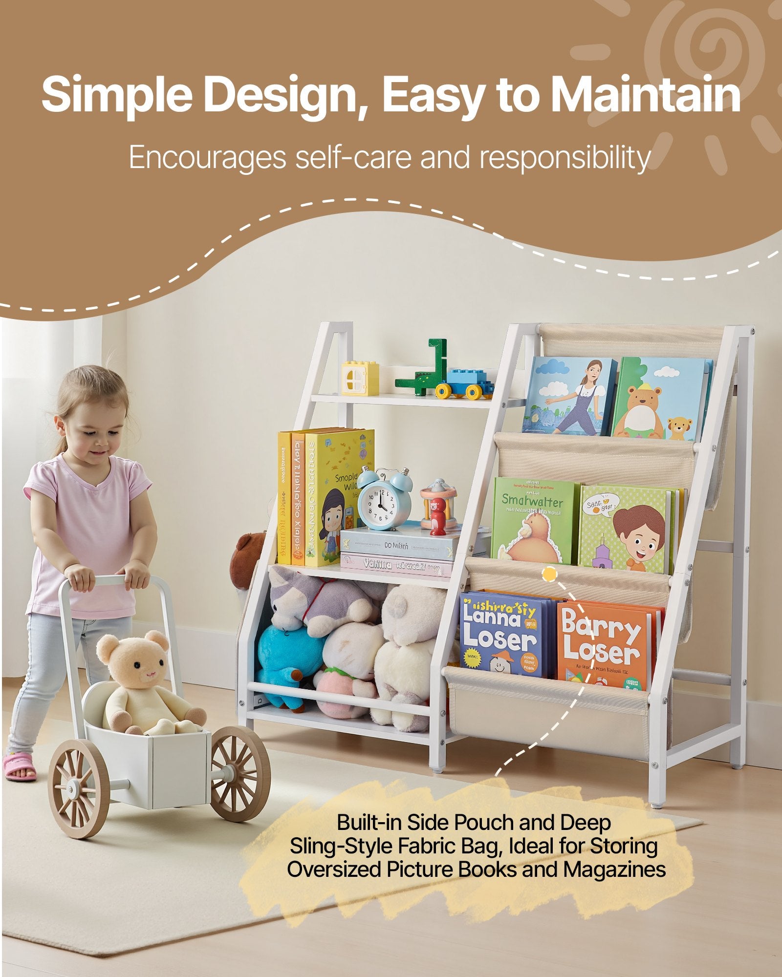 3-Tier Kids Bookshelf, Toy Storage Organizer For Toddler, Book Shelf For Kids Rooms With Sling Book Rack And Storage Bag