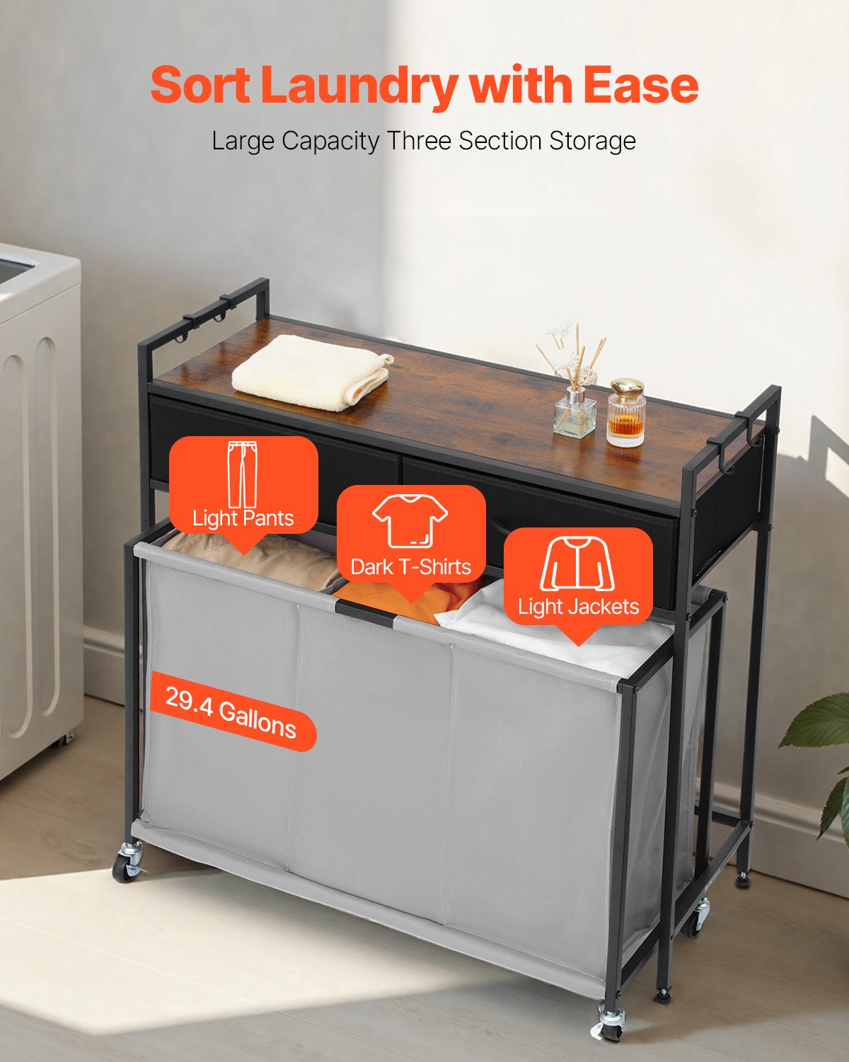 3 Section Laundry Sorter, Rolling Laundry Hamper With 2 Drawers, Hooks & Wheels, Rolling Basket Organizer Storage With P