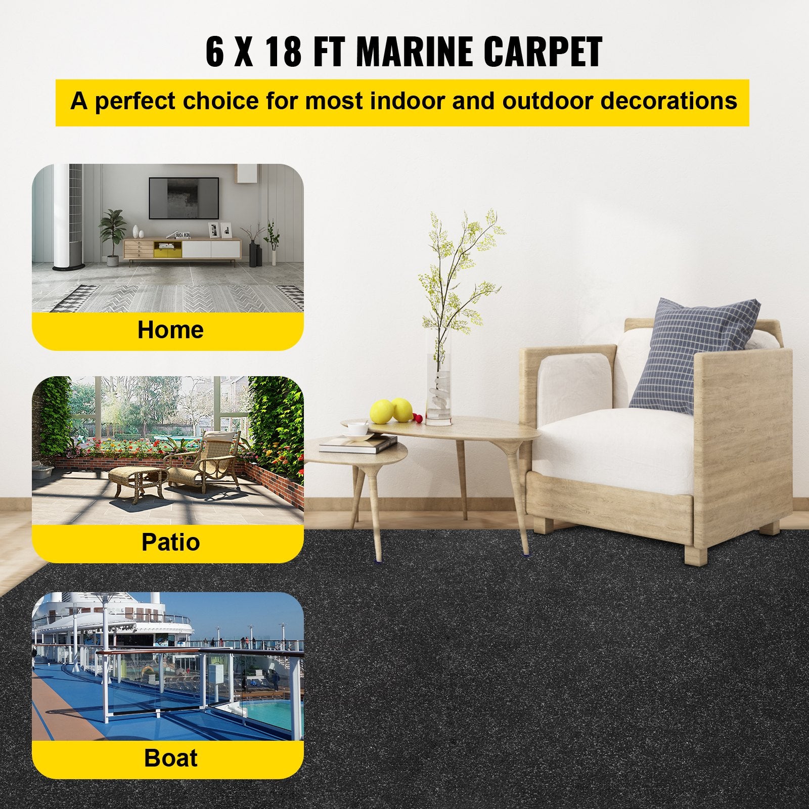 Boat Carpet, 6 Ft X 18 Ft Marine Carpet For Boats, Waterproof Black Indoor Outdoor Carpet With Marine Backing Anti-Slide