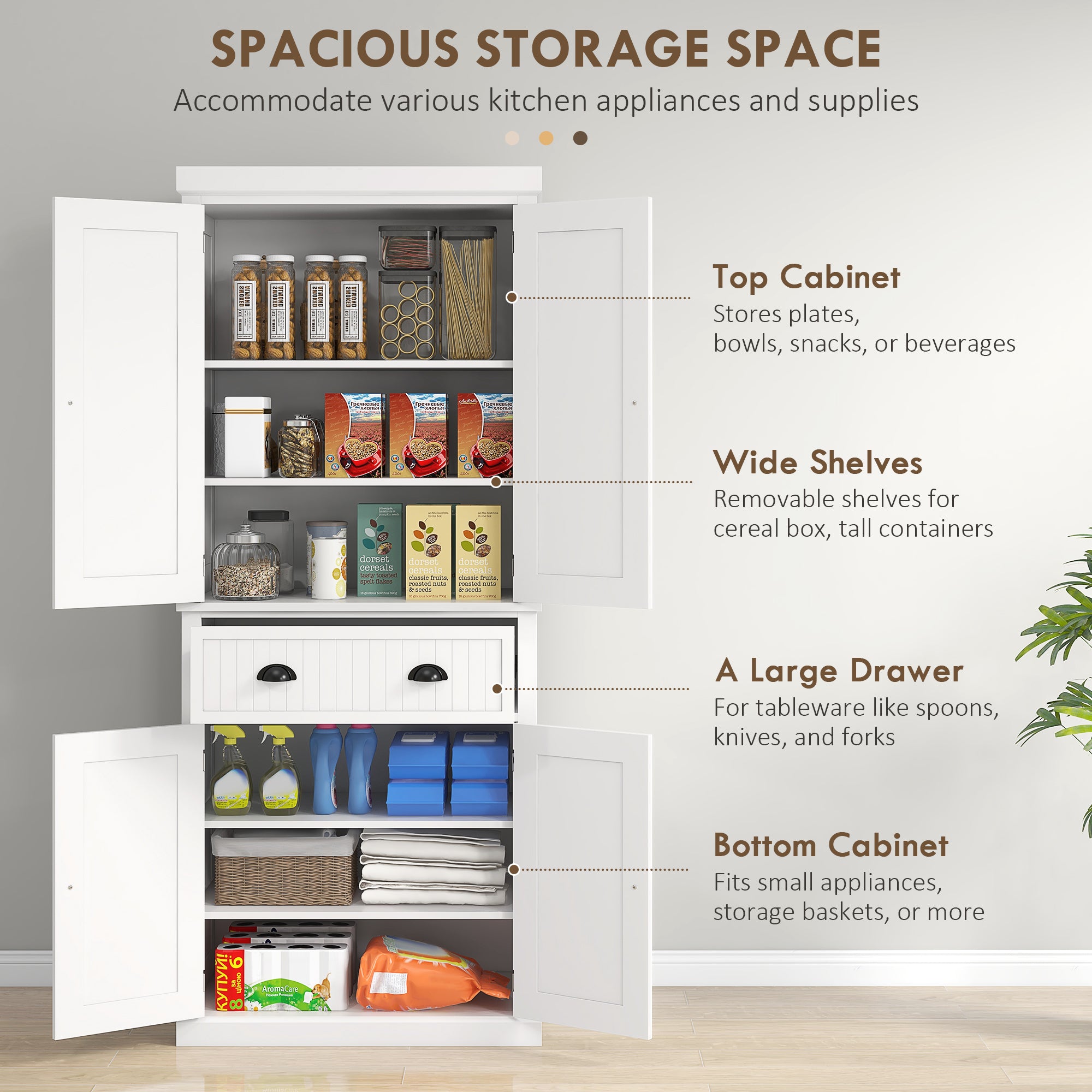 72" Kitchen Cabinet, Pantry Storage Cabinet with Doors and Shelves