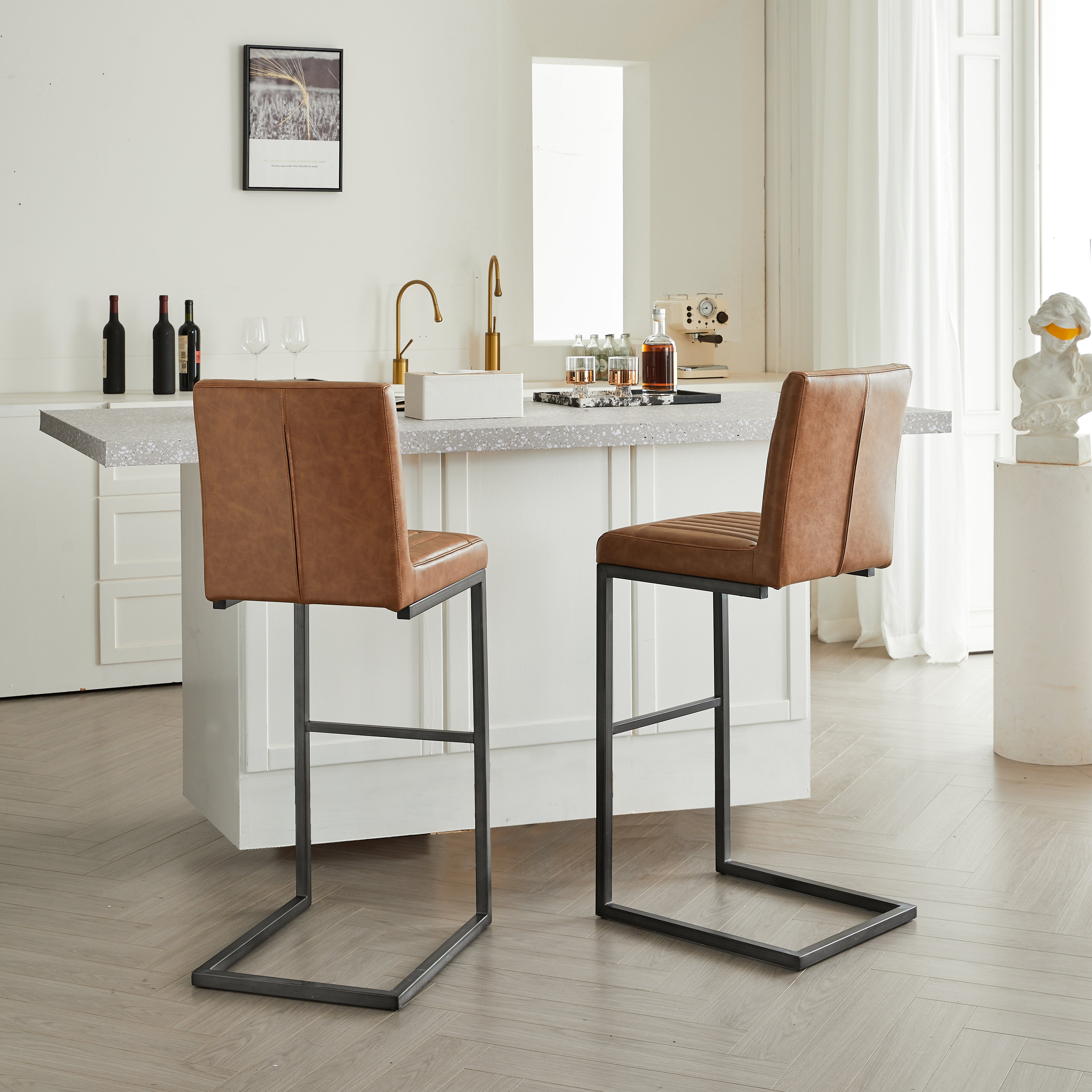 Back Brown Faux Leather Bar Stool  Sturdy Black Metal Frame & Padded Seat  Stylish Seating For Kitchen Island  Home Bar
