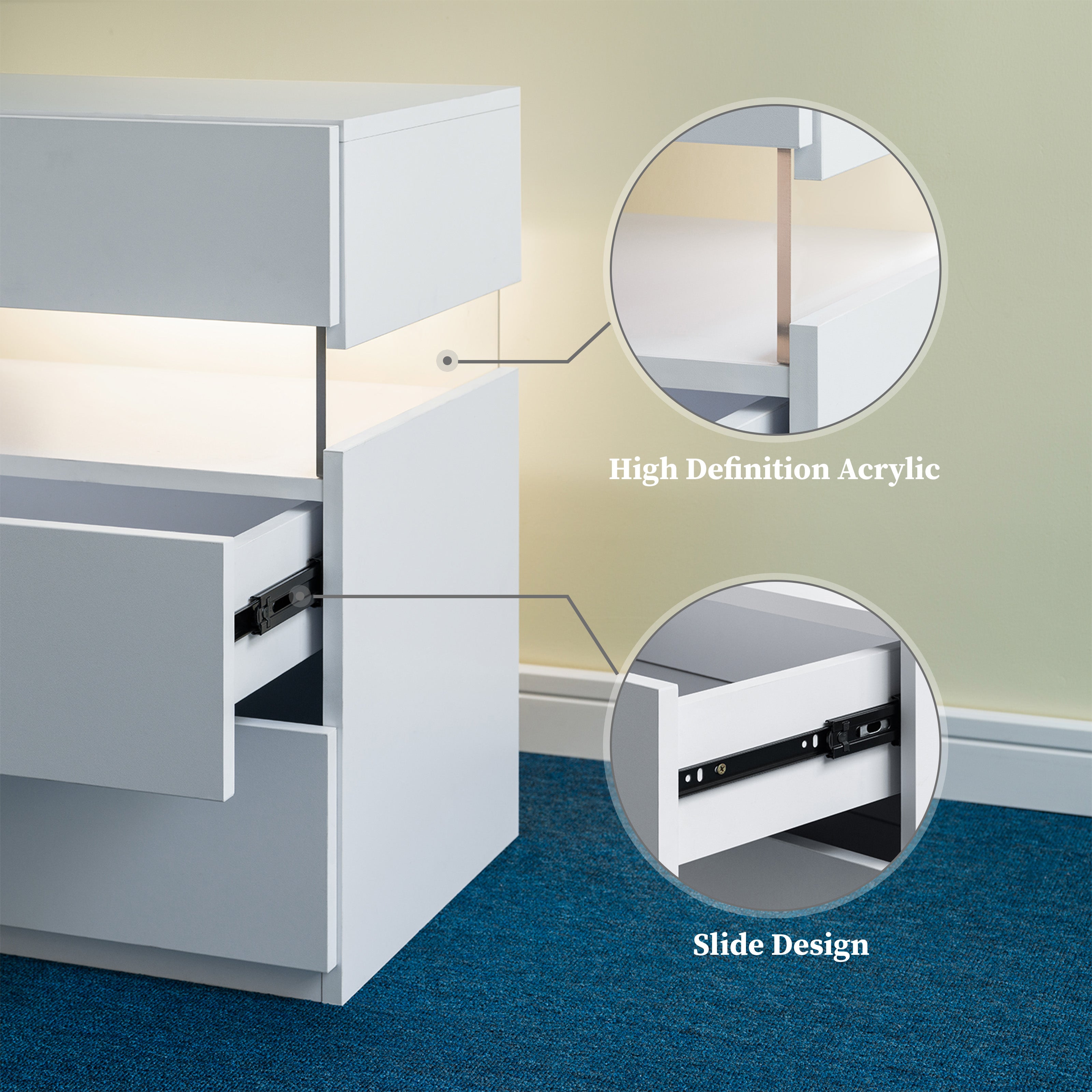 LED Nightstands 3 Drawer Dresser For Bedroom End Table With Acrylic Board LED Bedside Tables For Bedroom Living Room Bed