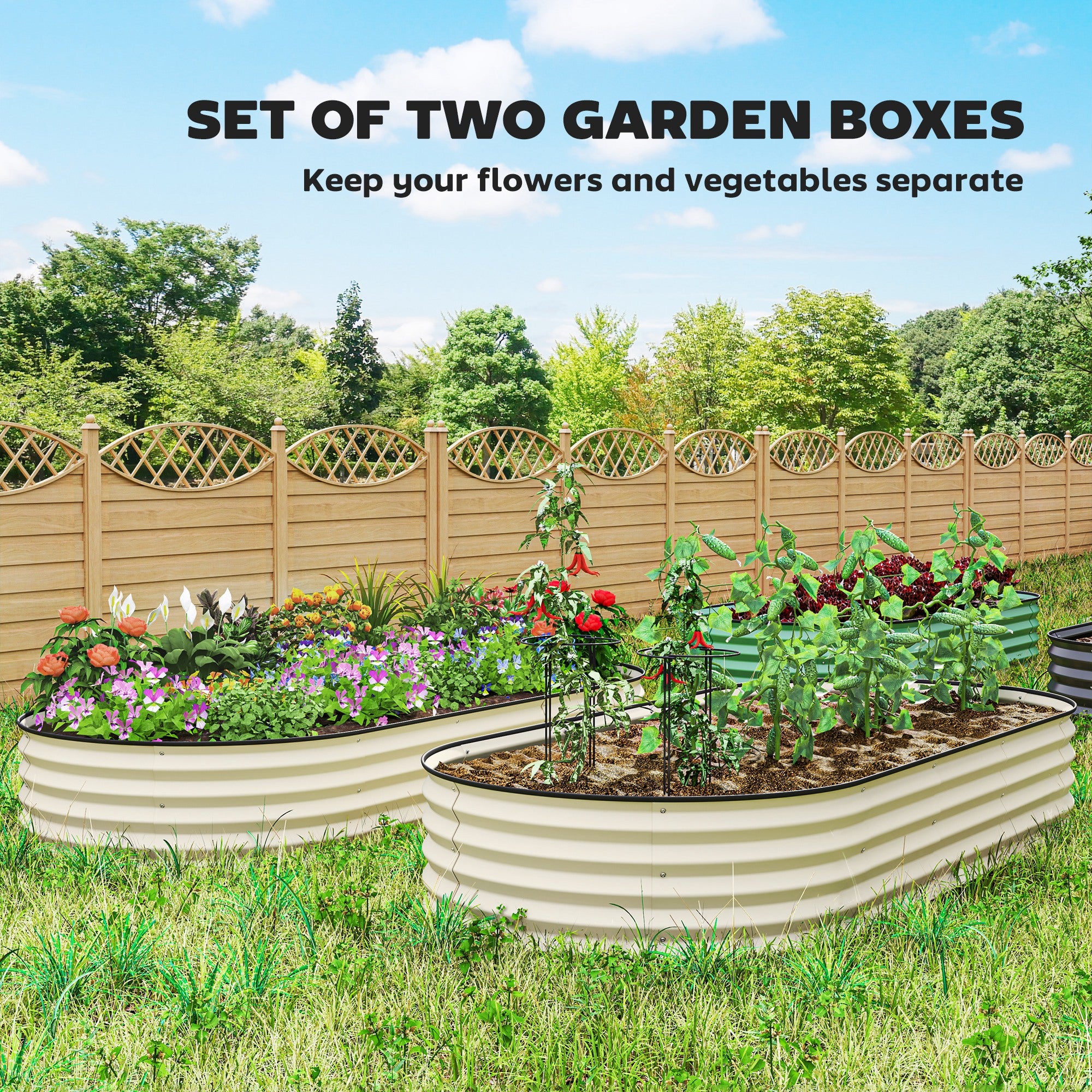7' X 3' X 1' Raised Garden Bed Set, 2PCS Raised Beds For Gardening With Metal Plant Stakes, Cream White