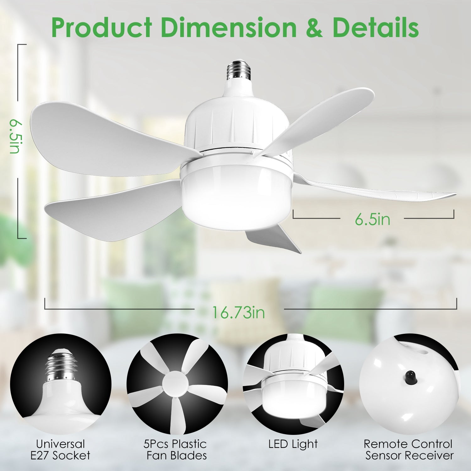 1Pc Socket Fan Light 12W Ceiling Fan With Lights Dimmable LED Ceiling Fan With 3 Fan Speed Stepless Brightness And Color