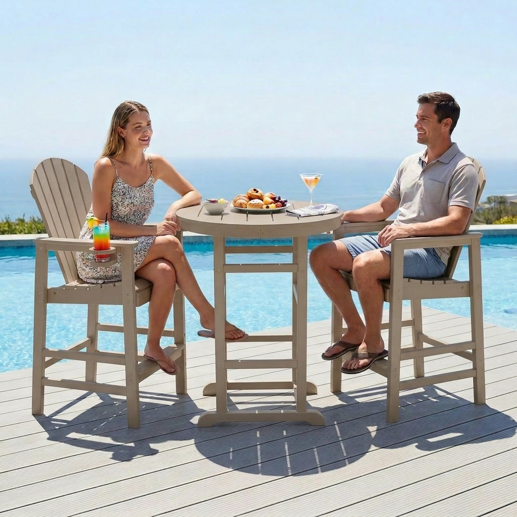 3-Piece Antique Wood HDPE Indoor Outdoor Bar Height Bistro Set, 31.1  Round Pub Table With 2 Bar Stools, All-Weather Pat