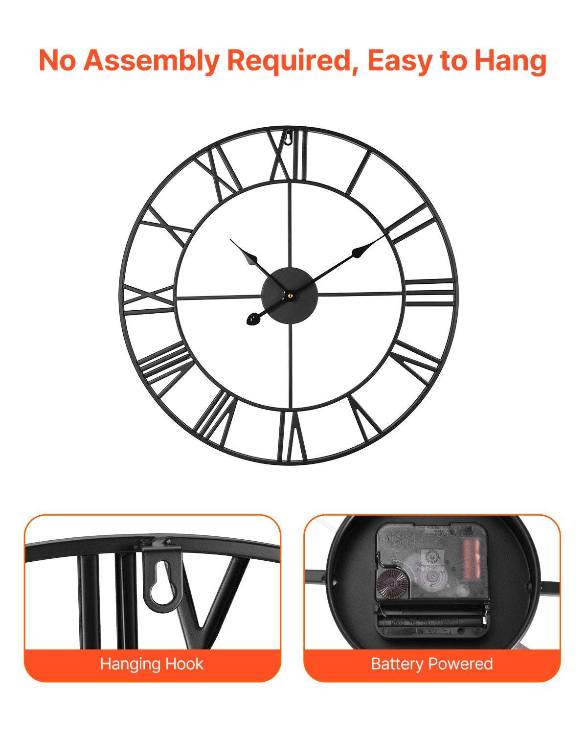 Wall Clock, 24 In Wall Clock Roman Numerals, Battery Operated Non Ticking Silent Classic Decorative Round Clocks, For Li