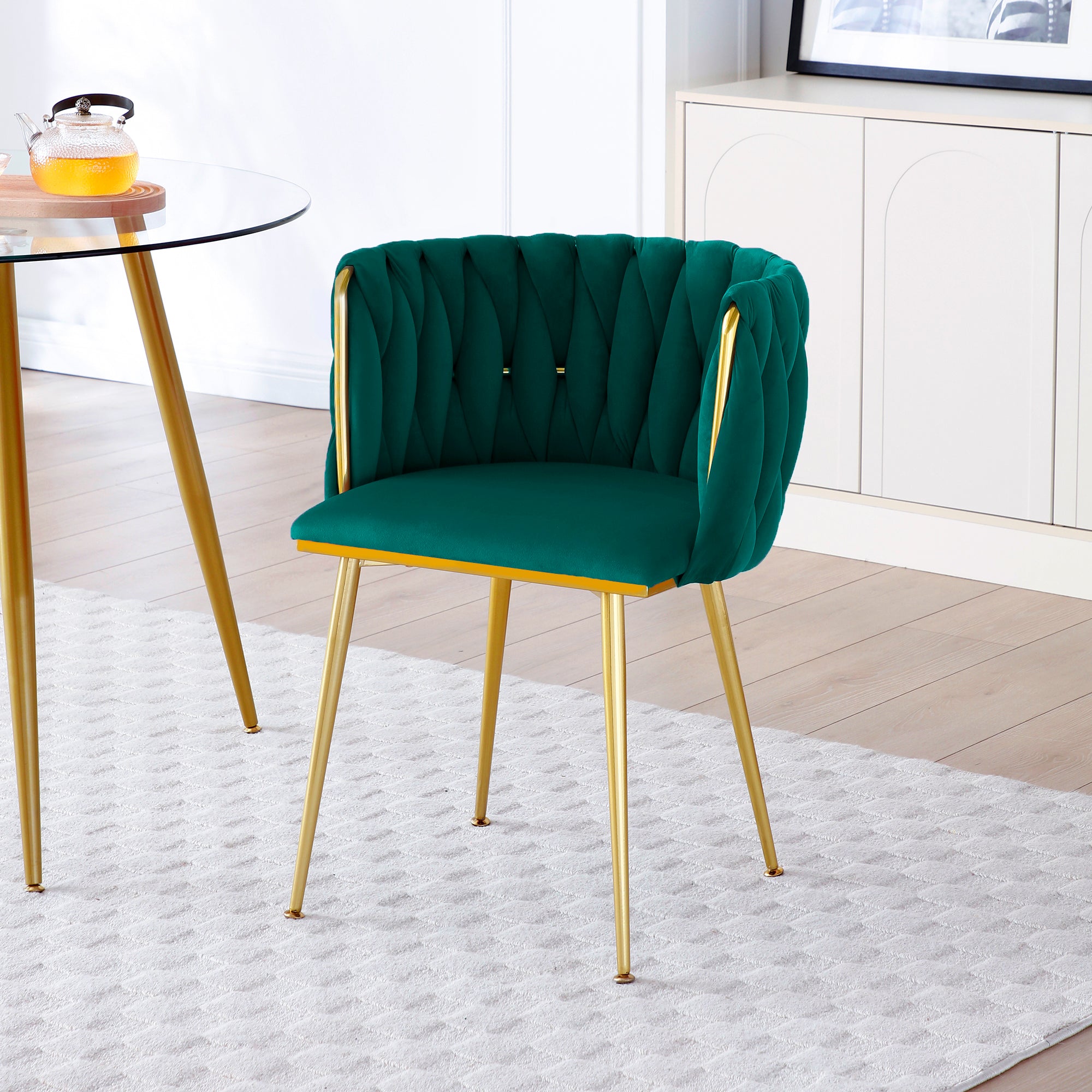 Modern Velvet Dining Chairs Set of 2, Upholstered Woven Dining Chair with Golden Metal Legs, Upholstered Dining Chairs f