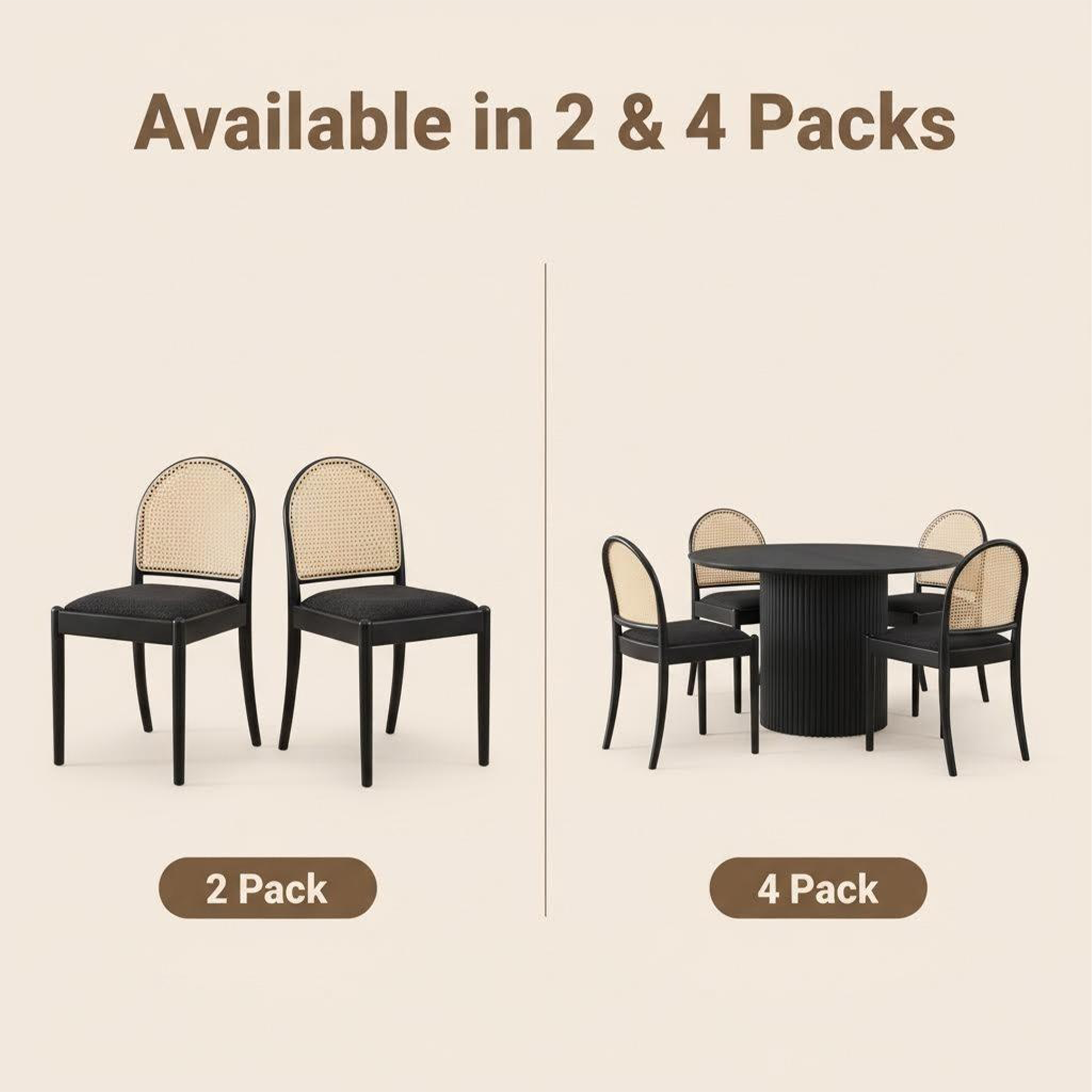 Rattan Dining Chairs Set of 2, Upholstered Linen Dining Room Chairs with Backrests, Modern Kitchen Chairs with Wood Legs