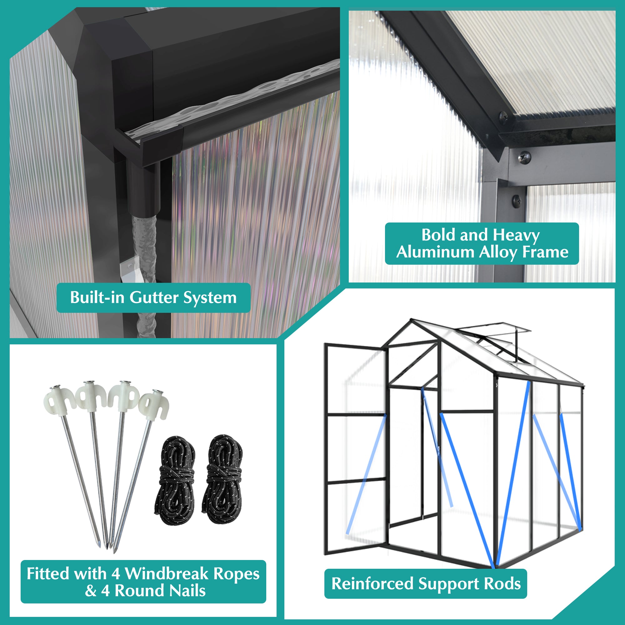 Newly Marketed Gain Height Windproofaluminum Greenhouse 6x8 FT Polycarbonate Greenhouse Raised Base And Anchor Aluminum