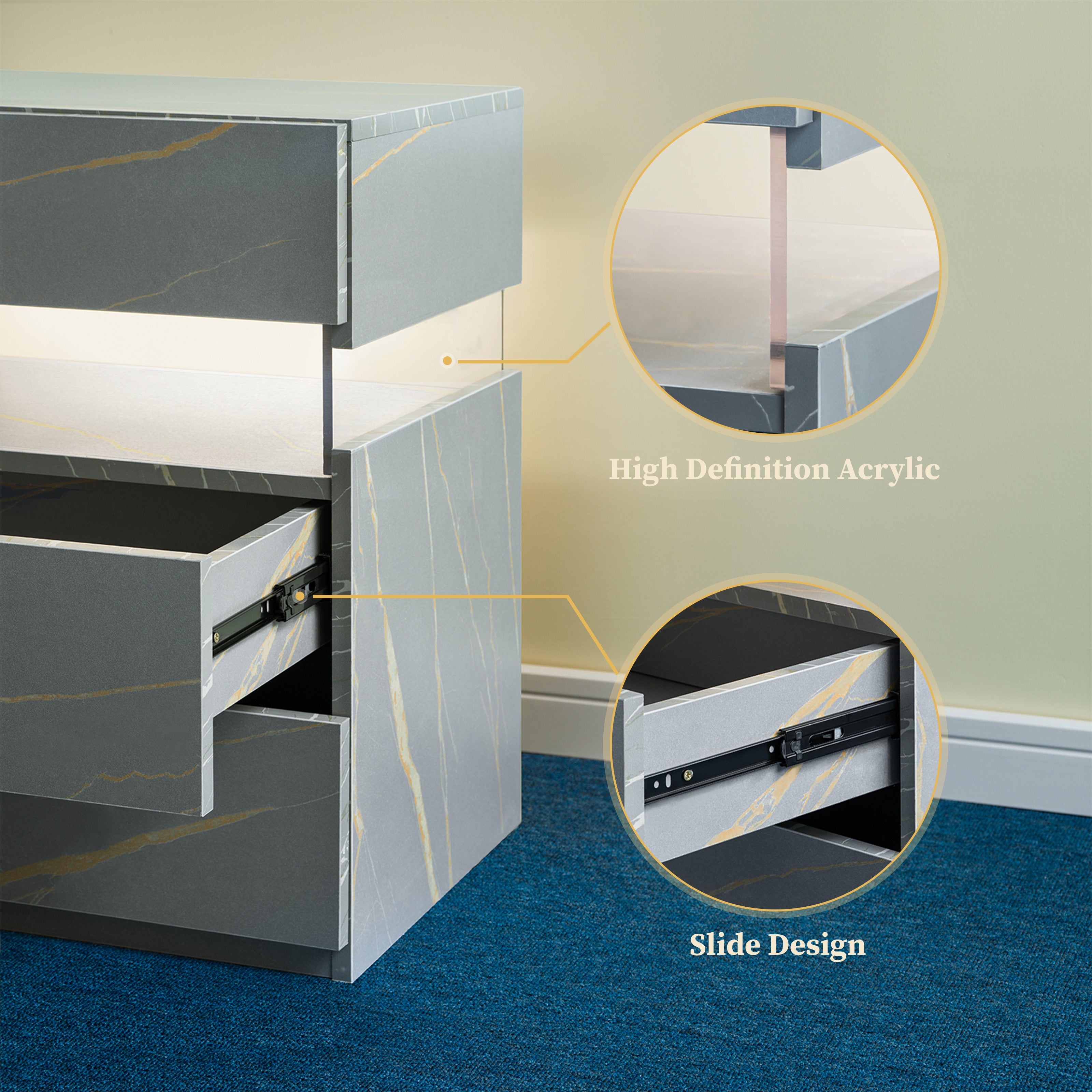 LED Nightstands 3 Drawer Dresser For Bedroom End Table With Acrylic Board LED Bedside Tables For Bedroom Living Room Bed
