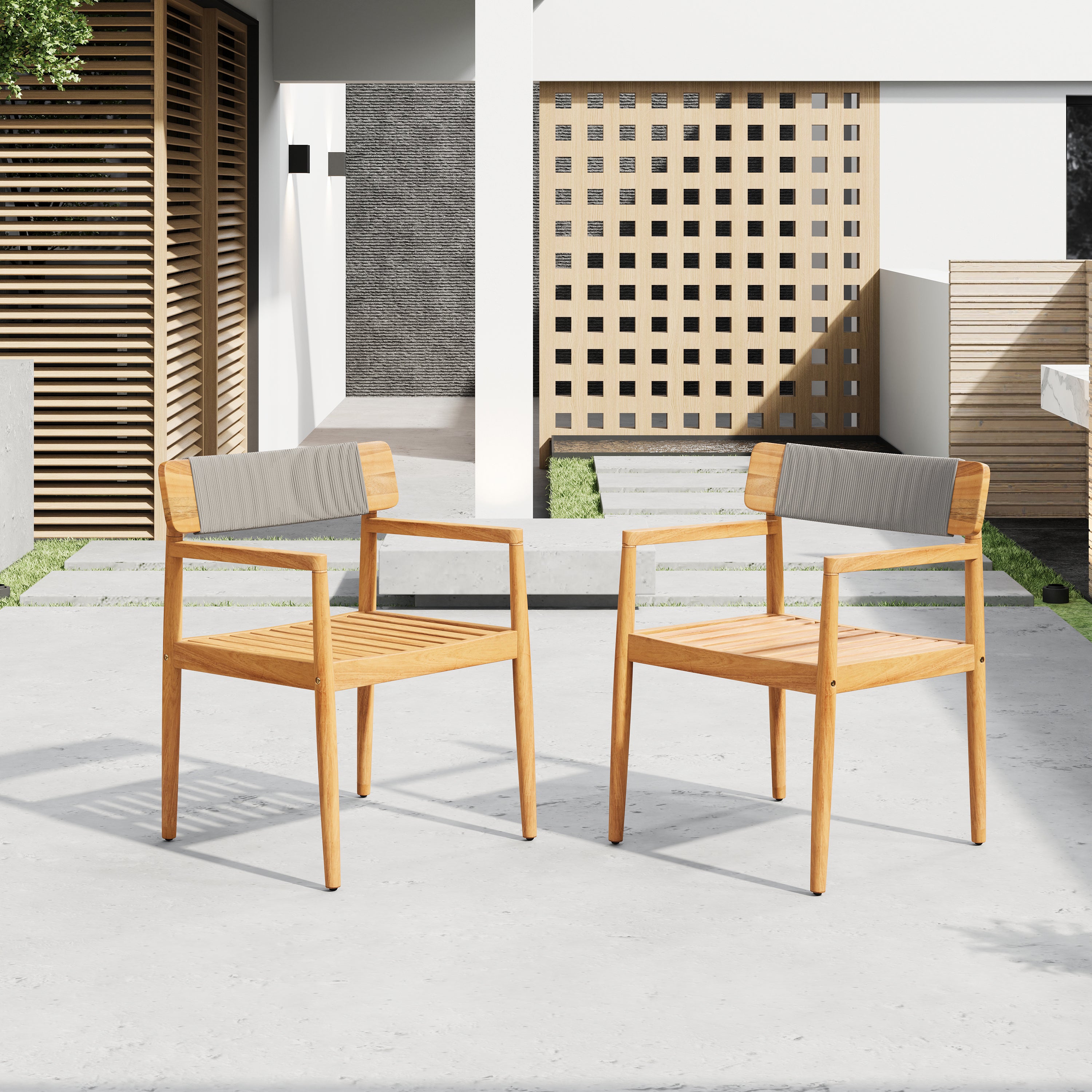 CREATIVE BRAIDED ACACIA WOOD OUTDOOR DINING CHAIRS WITH ARMRESTS, SUITABLE FOR OUTDOOR DINING AND LEISURE PLACES, TEAK L