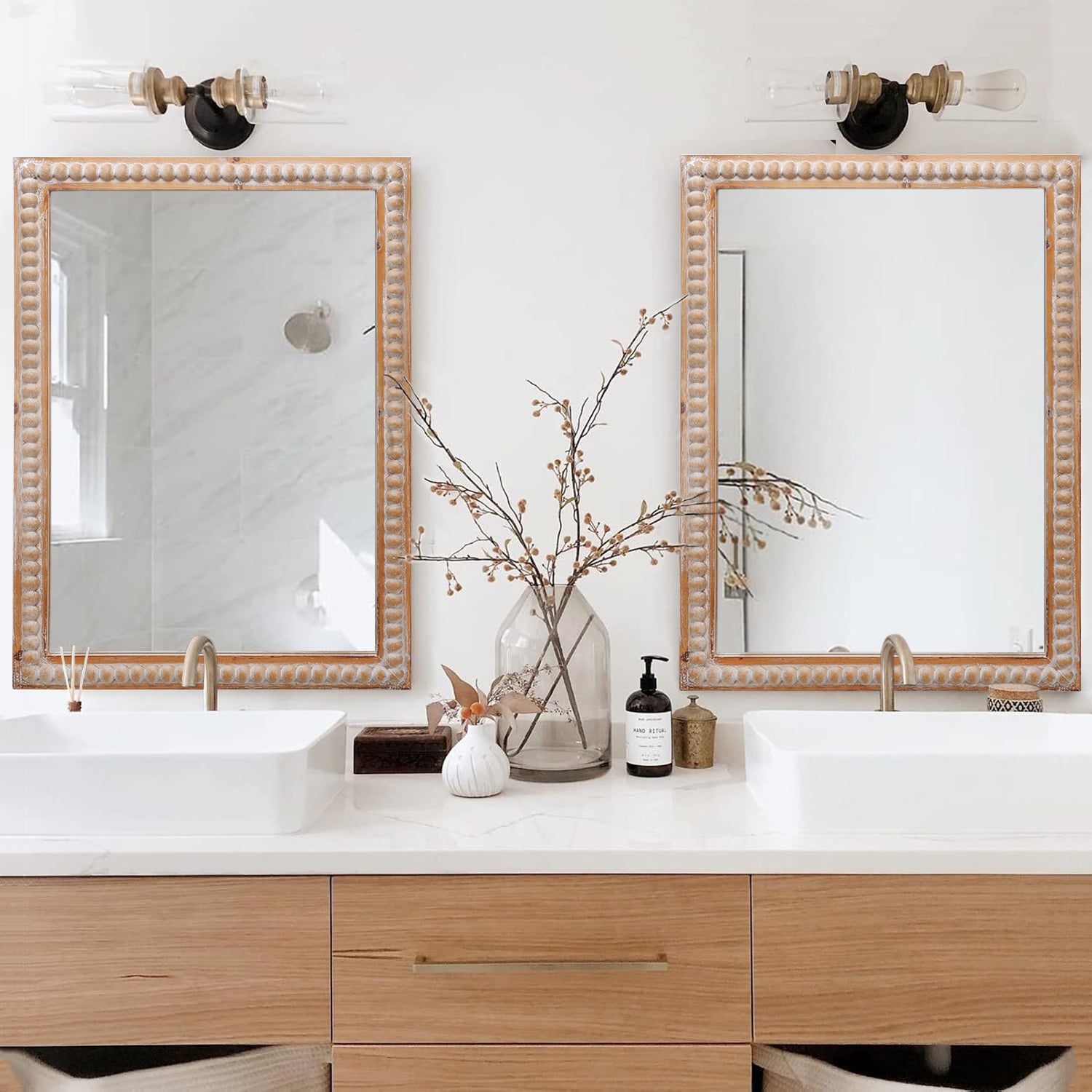 22x30 Inches Wood Framed Mirrors For Bathroom,Wooden Frame Wall Mirror Farmhouse Wall Mounted Rectangle Mirror For Vanit