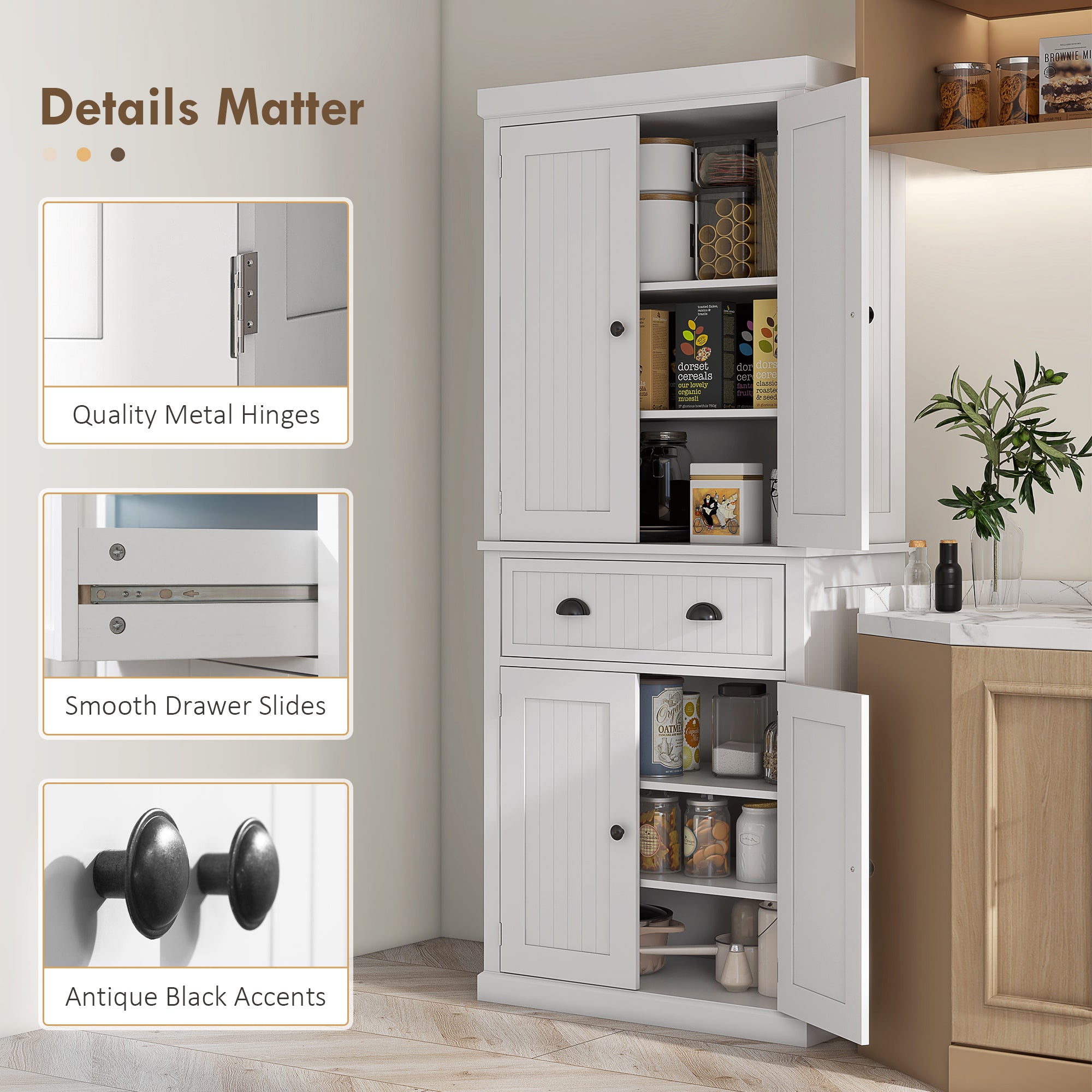 72" Kitchen Cabinet, Pantry Storage Cabinet with Doors and Shelves