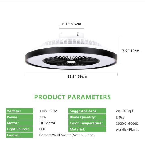 23 Inch Black Ceiling Fan Light With LED RGB  Dimmable & Color-Changing, APP & Remote Control, Modern Smart Ceiling Fan