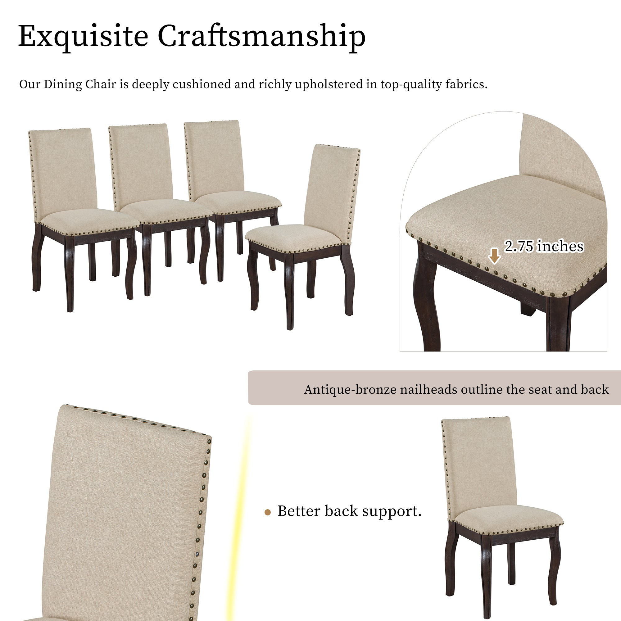 TREXM Set Of 2 Dining Chairs Wood Upholstered Fabirc Dining Room Chairs With Nailhead  Espresso