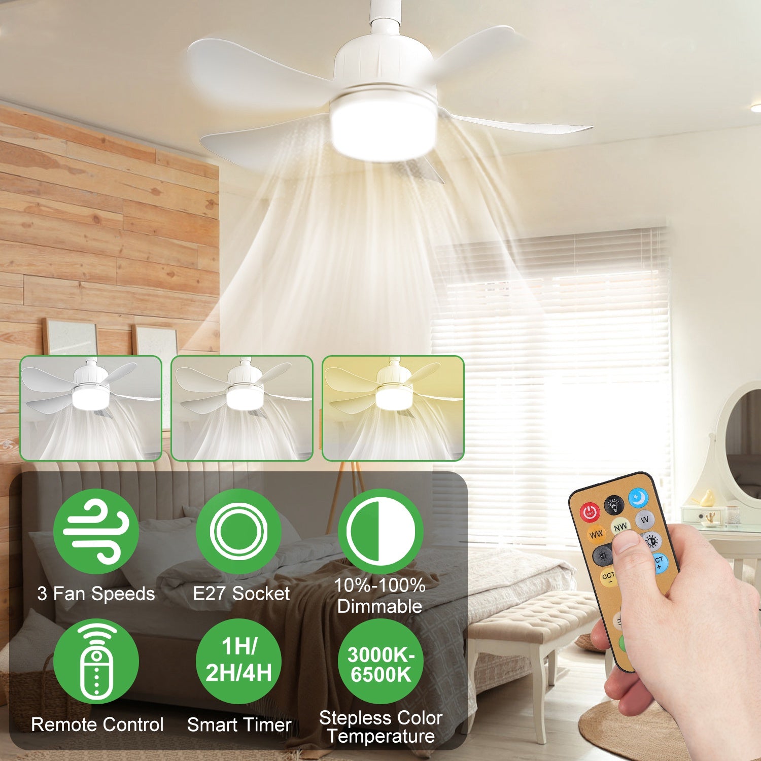 1Pc Socket Fan Light 12W Ceiling Fan With Lights Dimmable LED Ceiling Fan With 3 Fan Speed Stepless Brightness And Color