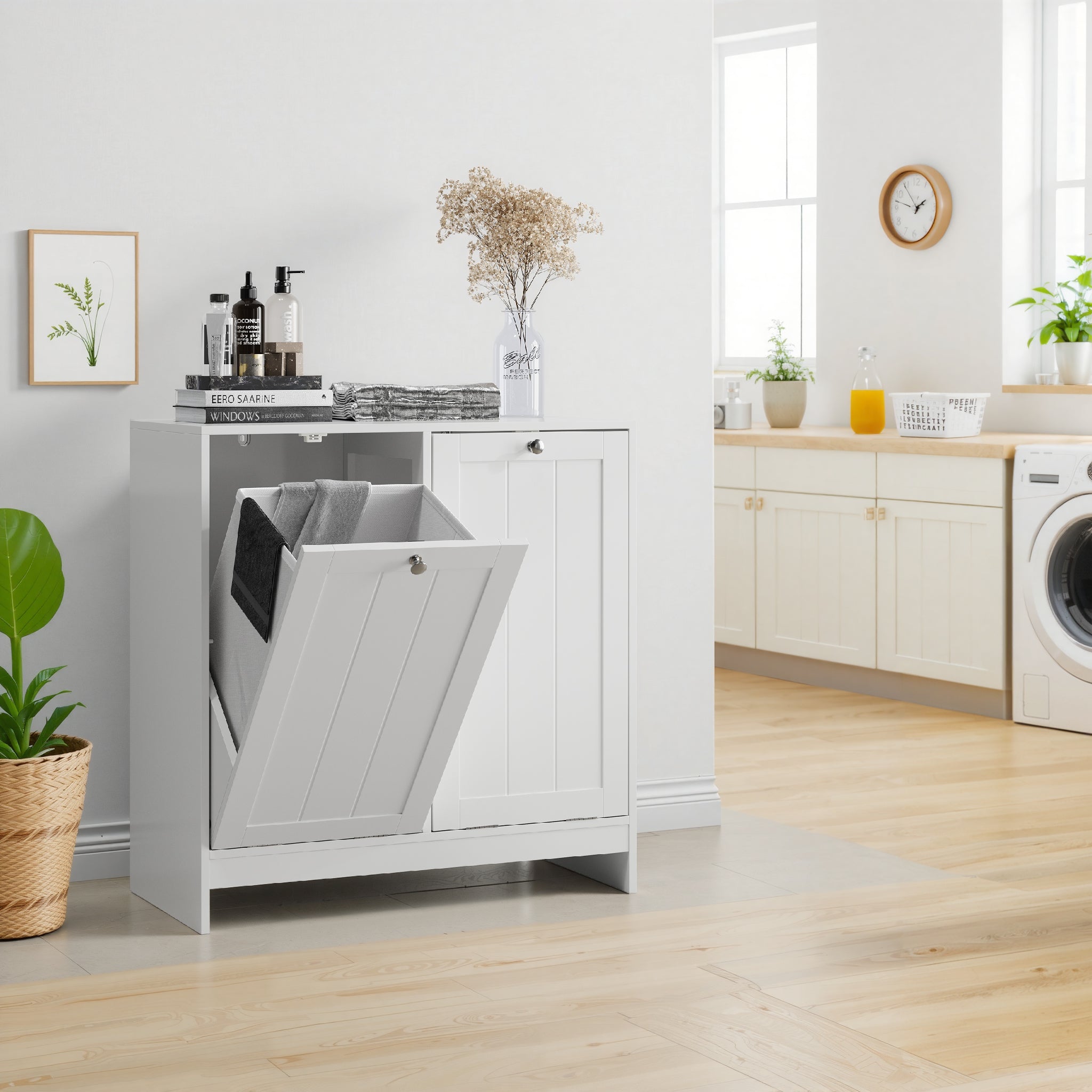 Tilted Laundry Hamper With Removable Basket, Hidden Laundry Hamper, Bathroom Laundry Hamper Storage Cabinet, Free-Standi