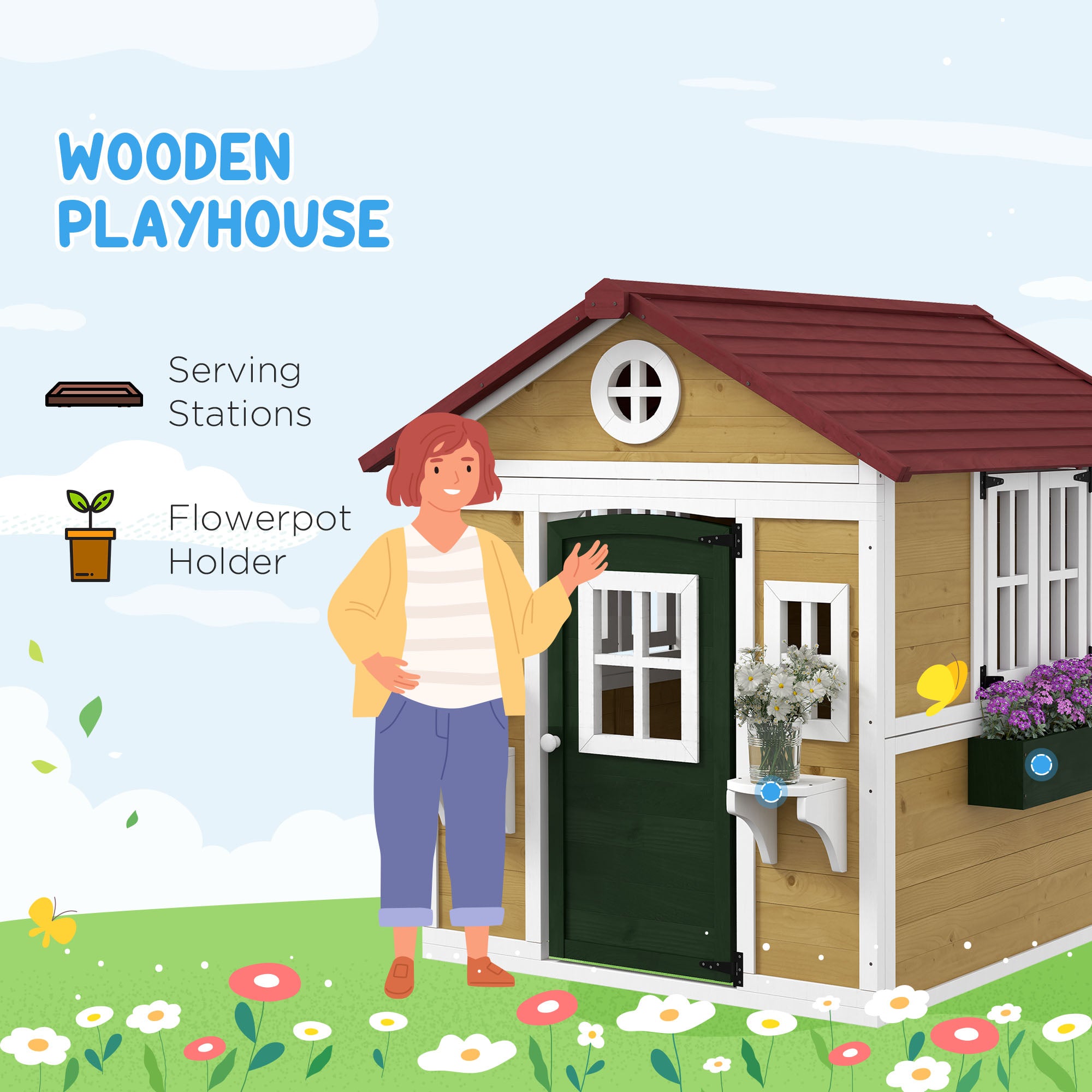 Wooden Playhouse for Kids Outdoor with Doors