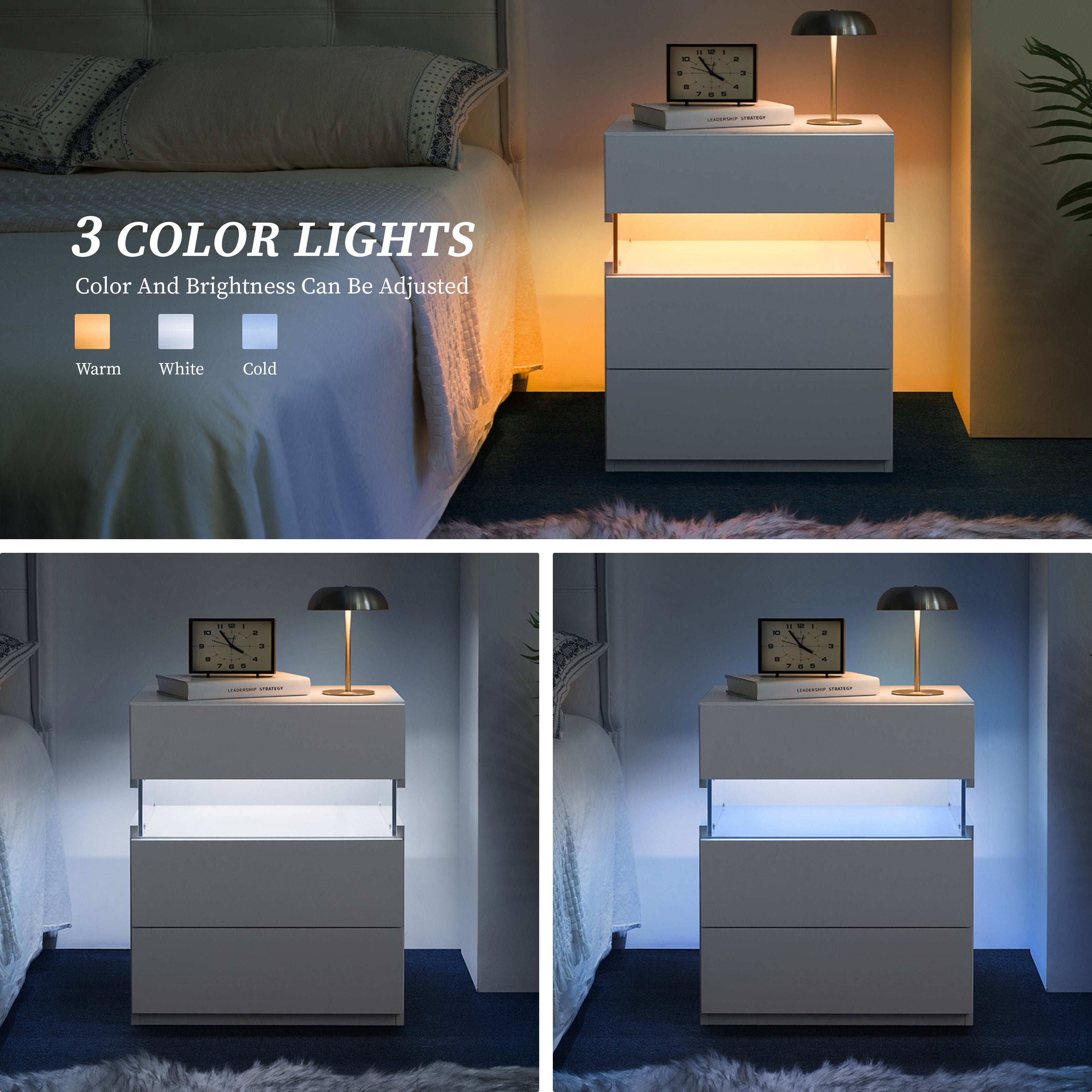LED Nightstands 3 Drawer Dresser For Bedroom End Table With Acrylic Board LED Bedside Tables For Bedroom Living Room Bed