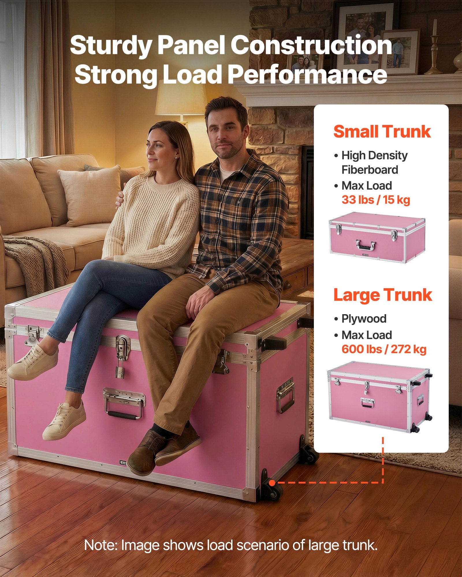 Metal Storage Trunk, Set Of 2, Wooden Suitcase Storage Boxes With Padlocks, Large Trunk Includes Casters & 3 Metal Handl