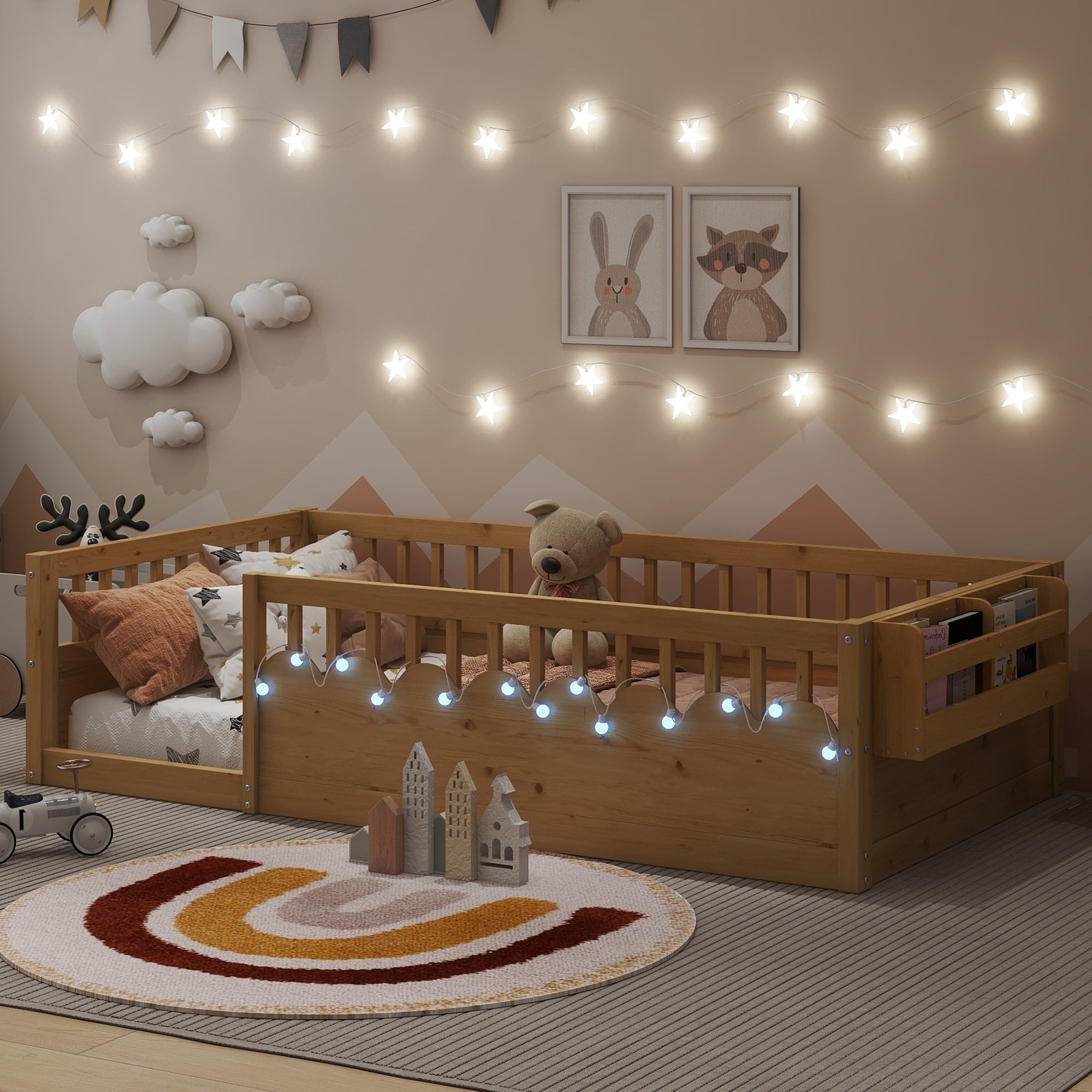 Twin Montessori Floor Bed Frame With High Rails, Wood Kids Floor Beds With Light And Storage Shelf, Natural Expect Arriv