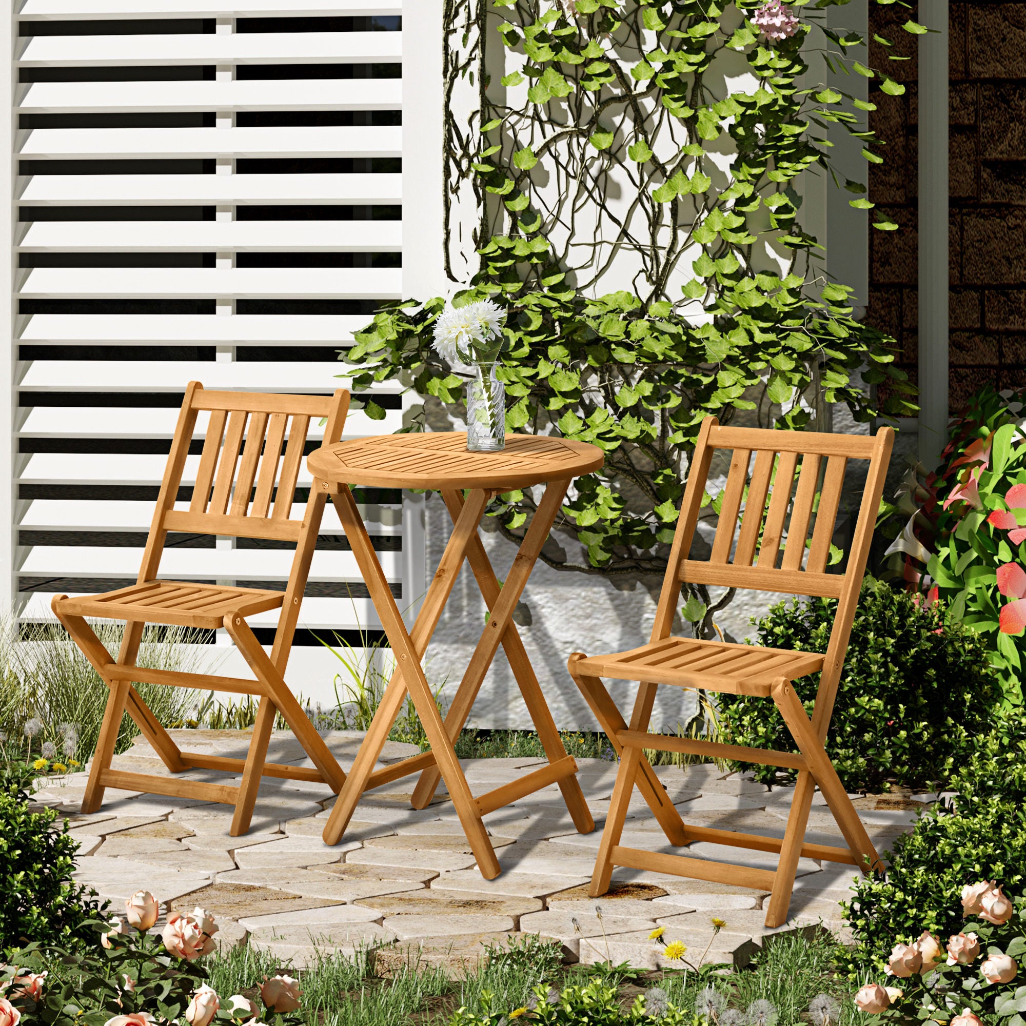 3-Piece Acacia Wood Bistro Set, Folding Patio Furniture with 2 Folding Chairs and Round Coffee Table, Teak, Slatted Fini