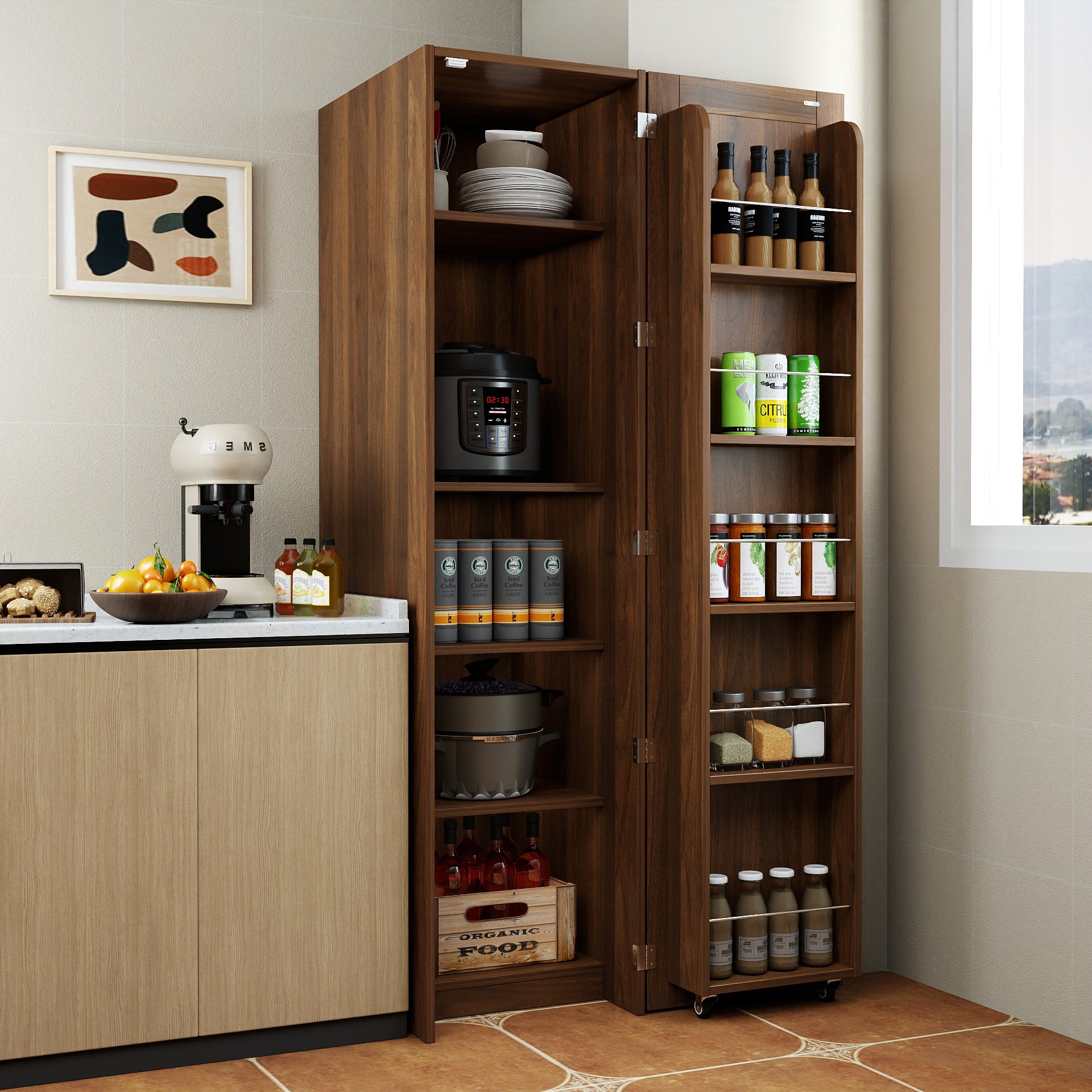 Kitchen Pantry Cabinet, BrownFreestanding Buffet Cupboards Sideboard With Doors & Shelves, Kitchen Pantry Storage Cabine