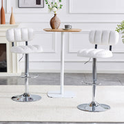 Set Of 2 Adjustable Height Bar Stools, White PU Leather Upholstered With Chrome Base & Footrest, Modern Comfort Stools F