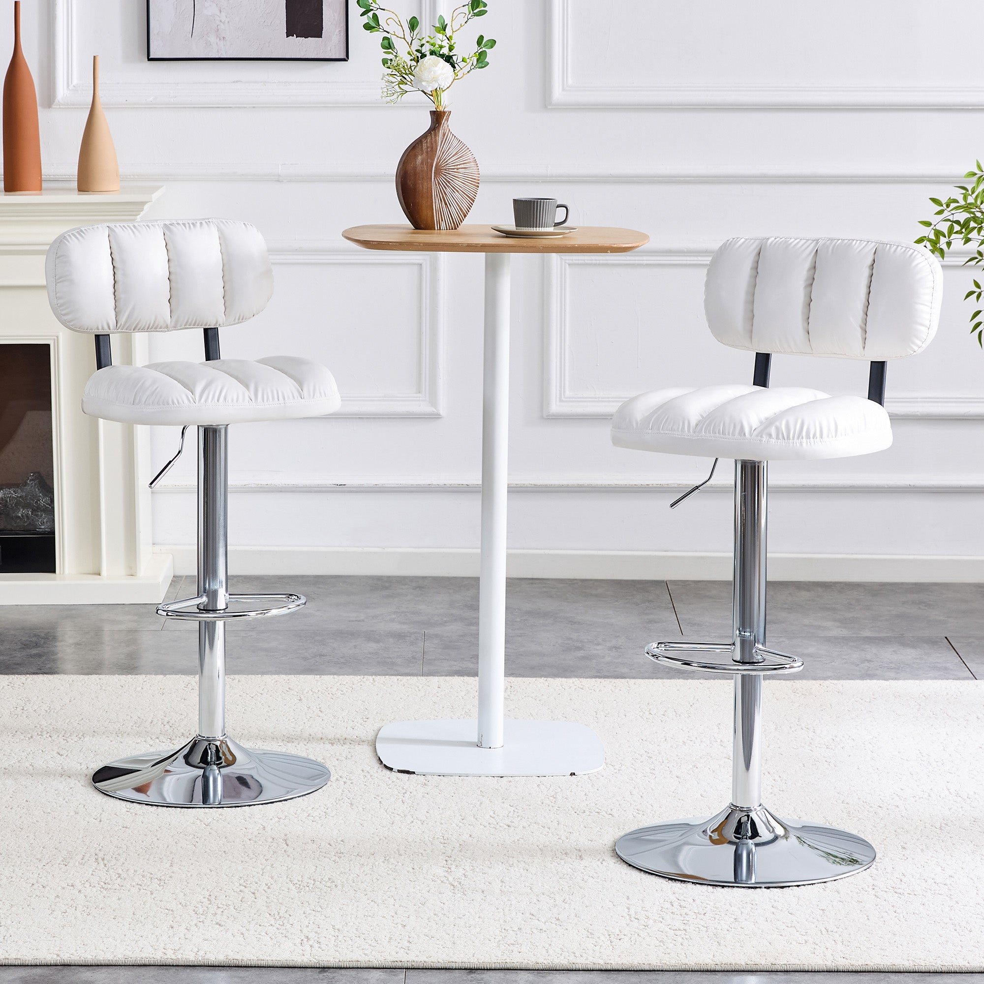 Set Of 2 Adjustable Height Bar Stools, White PU Leather Upholstered With Chrome Base & Footrest, Modern Comfort Stools F