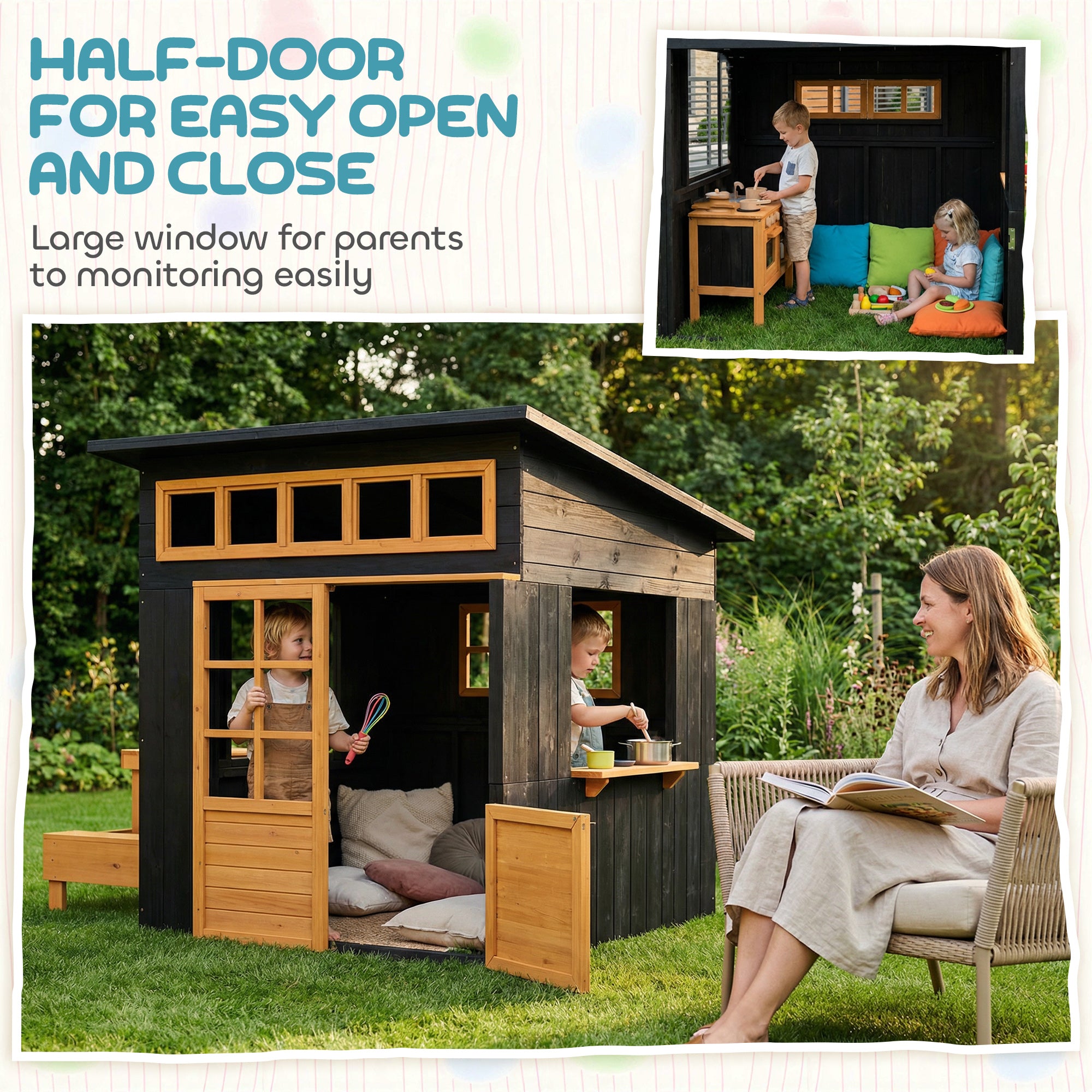 Outdoor Playhouse, Wooden Kids Playhouse W/ Picnic Table & Benches