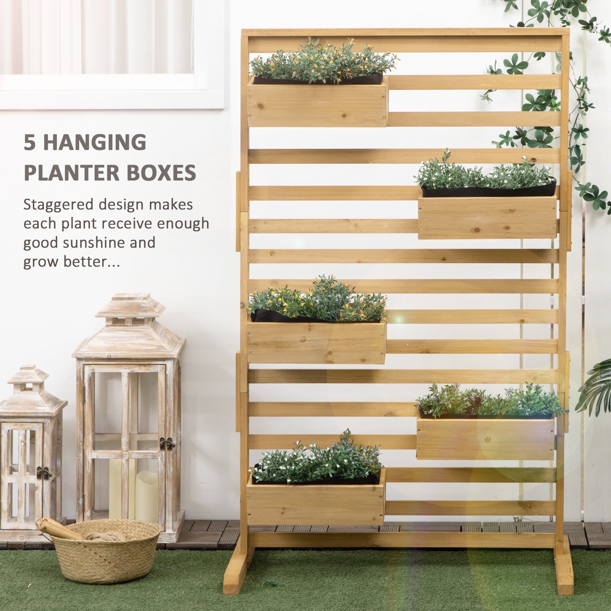 Wooden Plant Trellis Stand with 5 Hanging Planter Boxes