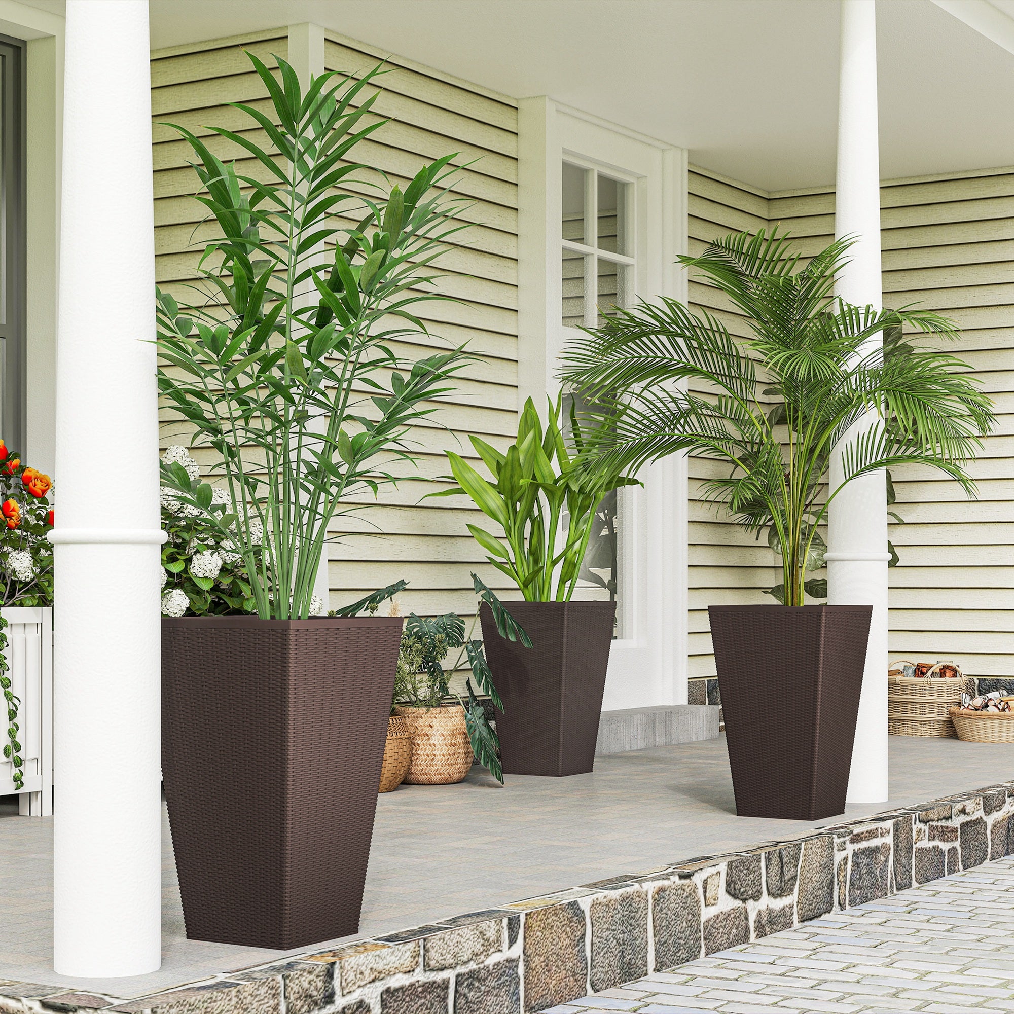 Set of 3 Tall Planters with Drainage Hole, 24" Outdoor Flower Plant Pots, Indoor Planters for Porch, Front Door, Entrywa