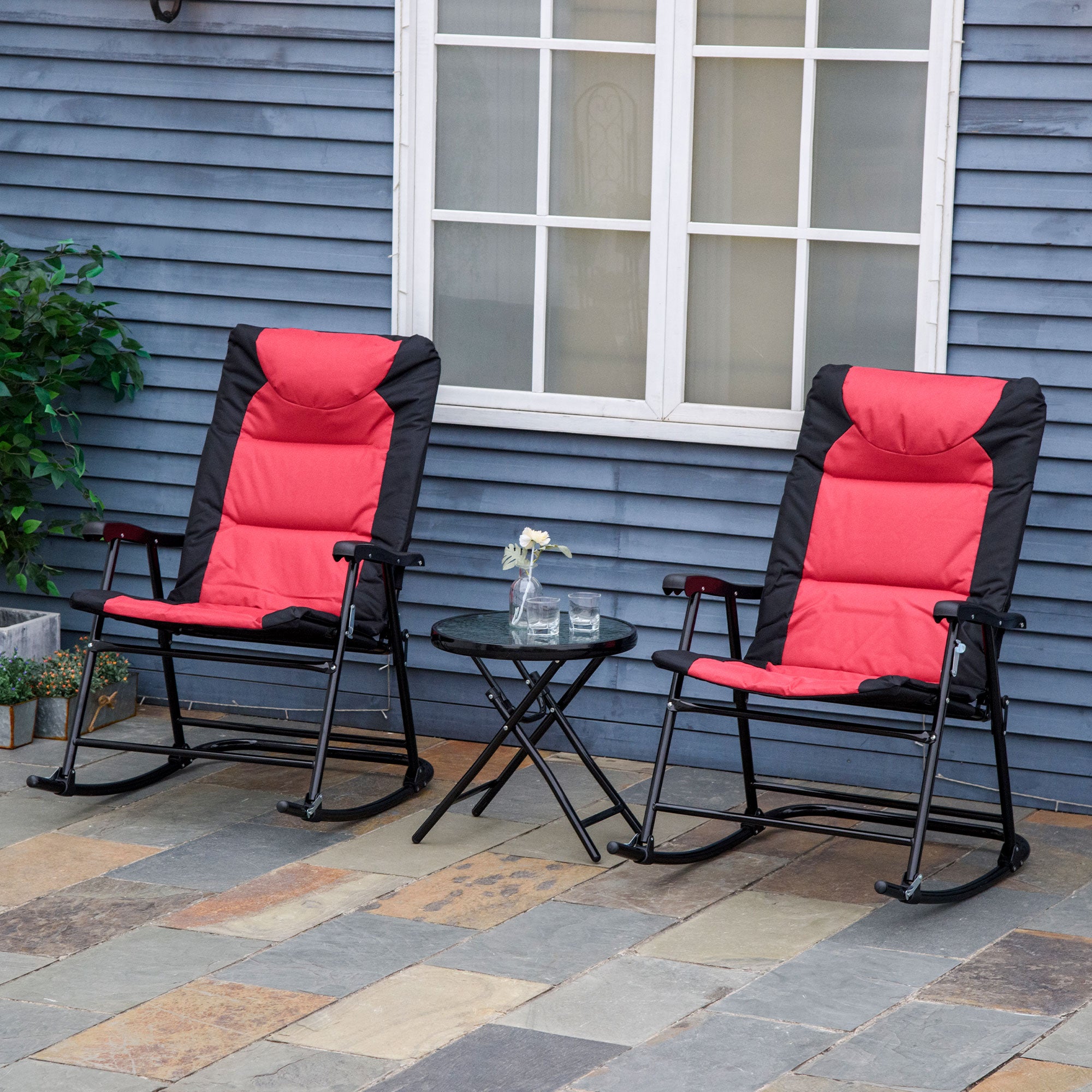 3 Piece Outdoor Patio Furniture Set with Glass Coffee Table & 2 Folding Padded Rocking Chairs, Bistro Style for Porch, C