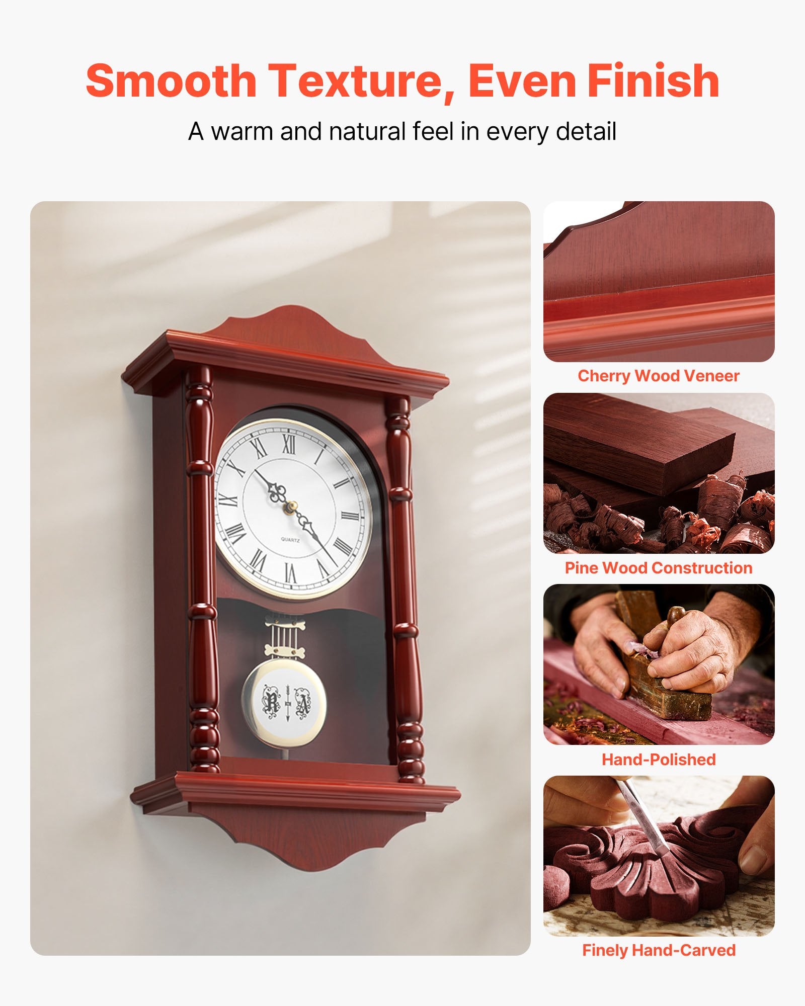 Grandfather Clock, 18 In Classic Vintage Pendulum Clock, Pine Wood & MDF Wall Clocks With Quartz Movement And Quiet Desi