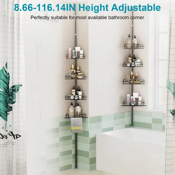 Rust-Resistant Corner Shower Caddy For Bathroom 4 Height Adjustable Shelves With Tension Pole Towel Bar Hanging Hook Flo