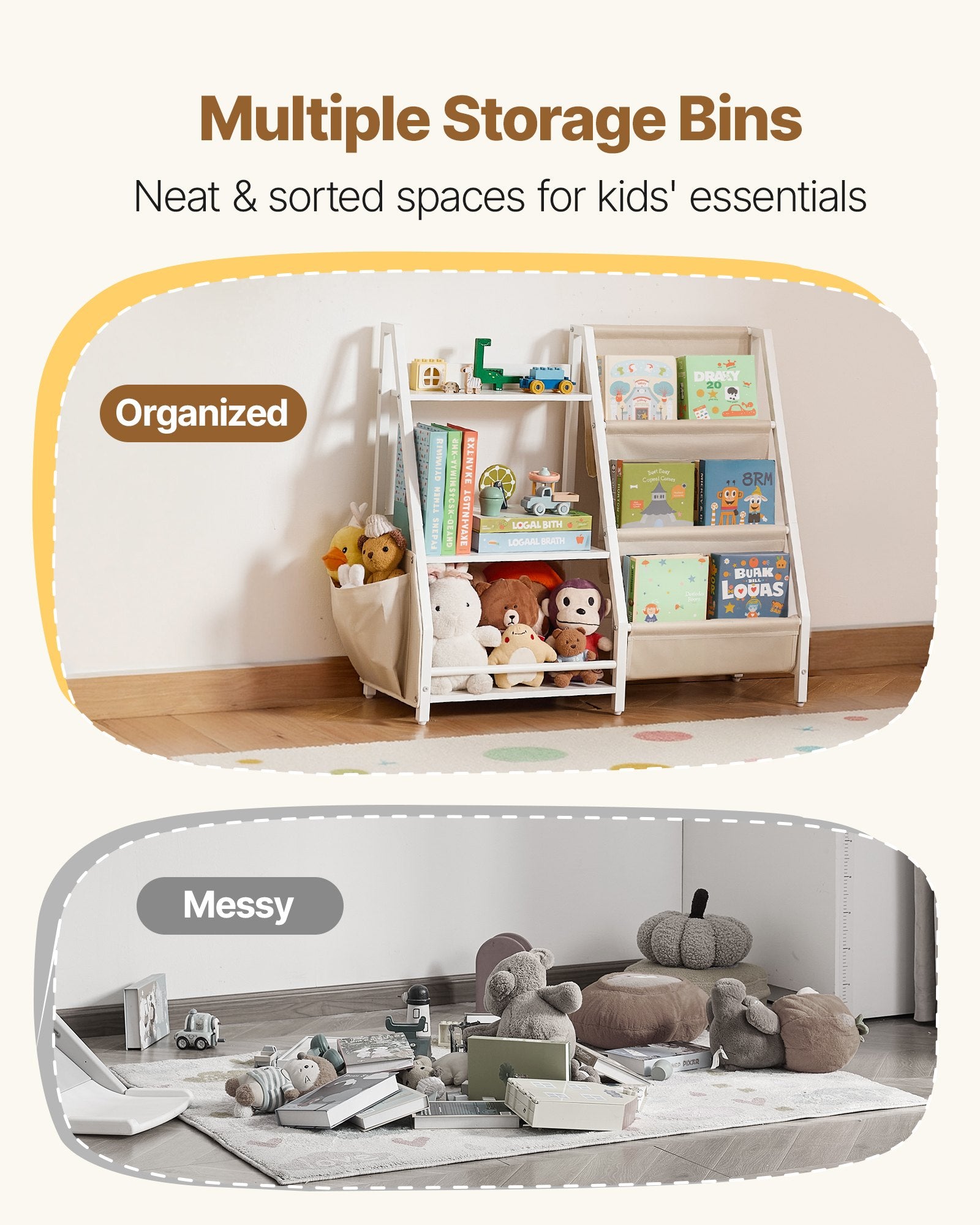 3-Tier Kids Bookshelf, Toy Storage Organizer For Toddler, Book Shelf For Kids Rooms With Sling Book Rack And Storage Bag