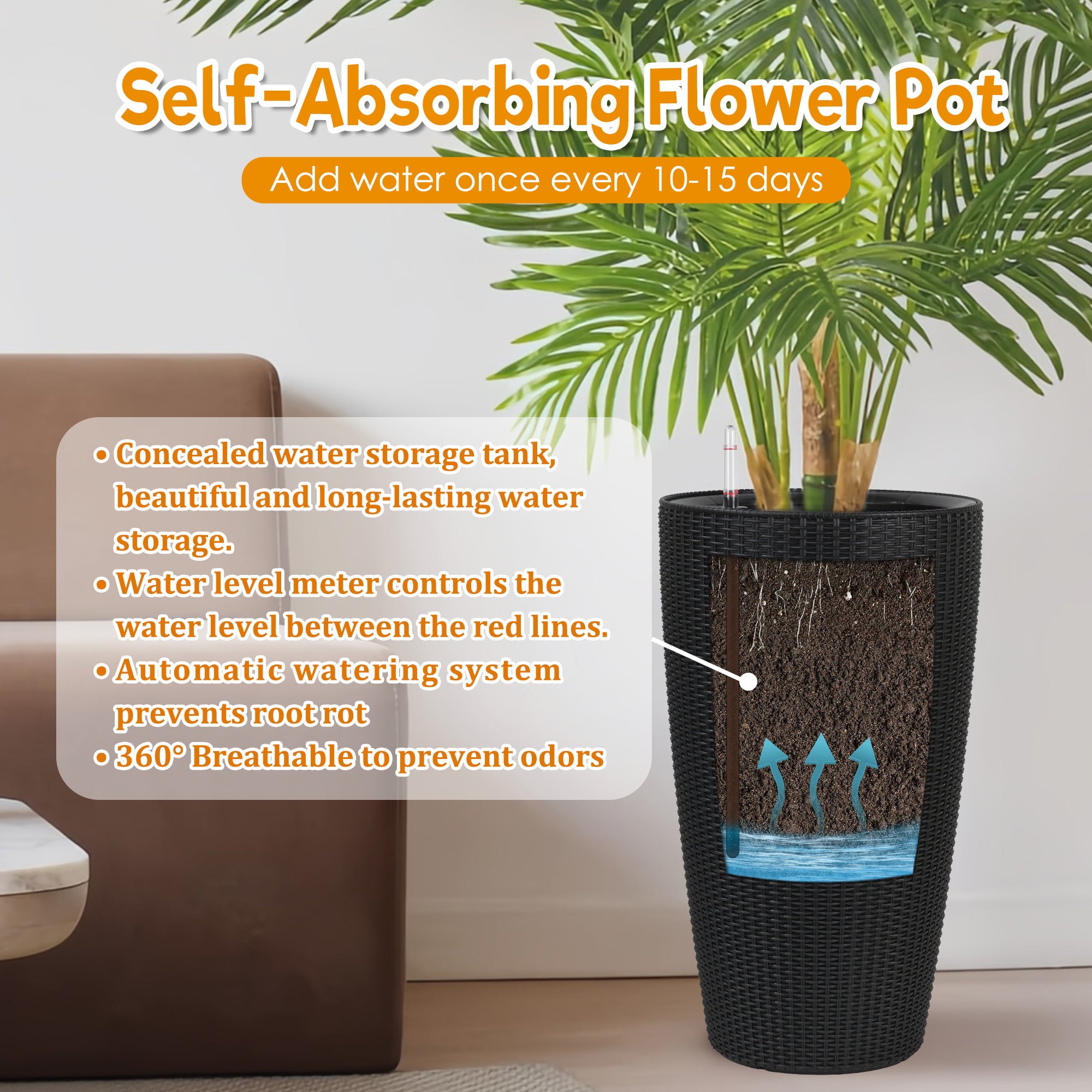 Set Of 2 Faux Rattan Tall Planters Outdoor Indoor Large Planters With Water Level Monitor Inner Bucket, Automatic Wateri
