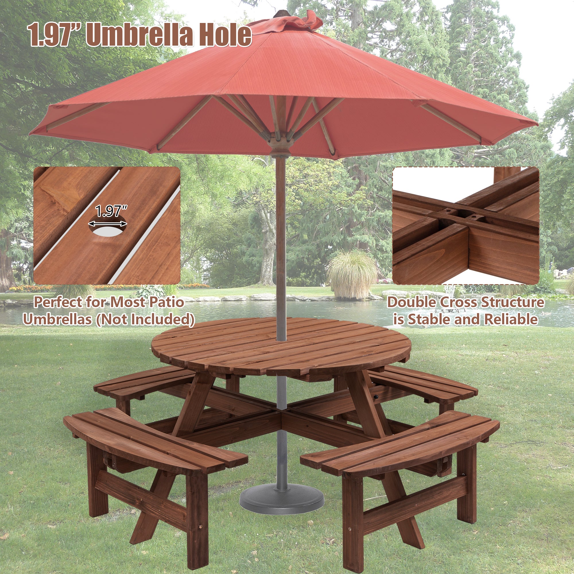 8 Person Wooden Picnic Table, Outdoor Camping Dining Table With Seat, Garden, DIY W  4 Built-in Benches, 2220lb Capacity