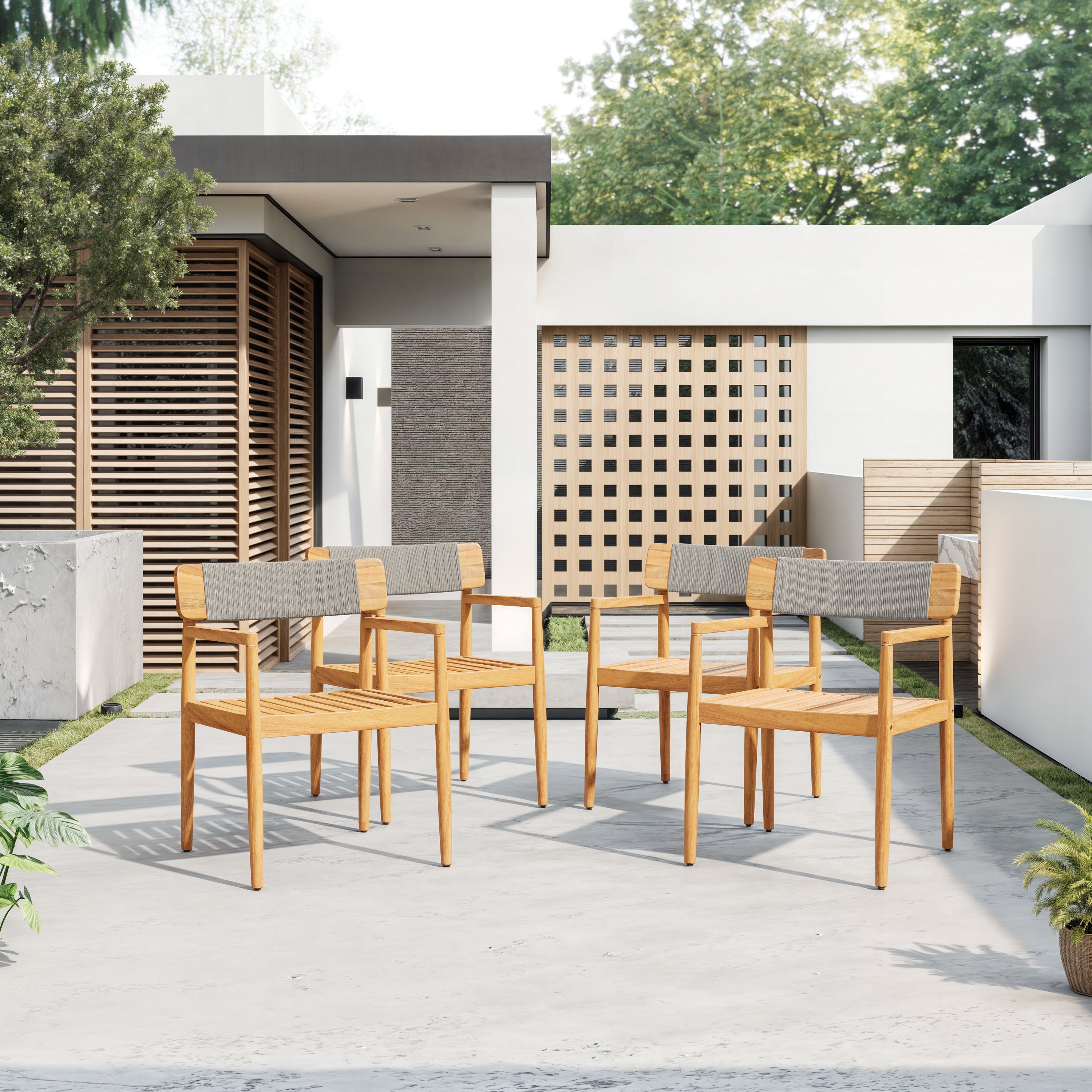 CREATIVE BRAIDED ACACIA WOOD OUTDOOR DINING CHAIRS WITH ARMRESTS, SUITABLE FOR OUTDOOR DINING AND LEISURE PLACES, TEAK L