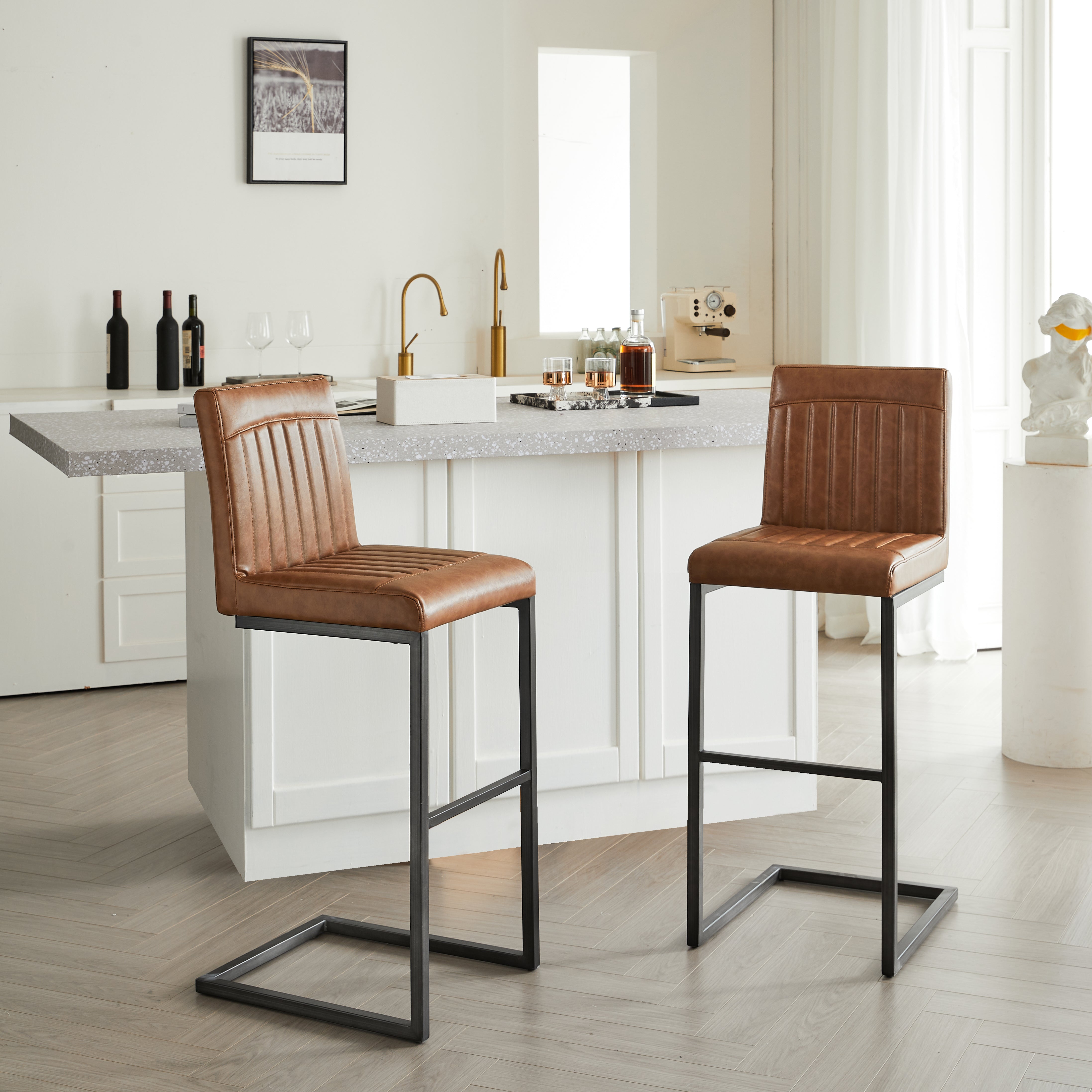 Back Brown Faux Leather Bar Stool  Sturdy Black Metal Frame & Padded Seat  Stylish Seating For Kitchen Island  Home Bar