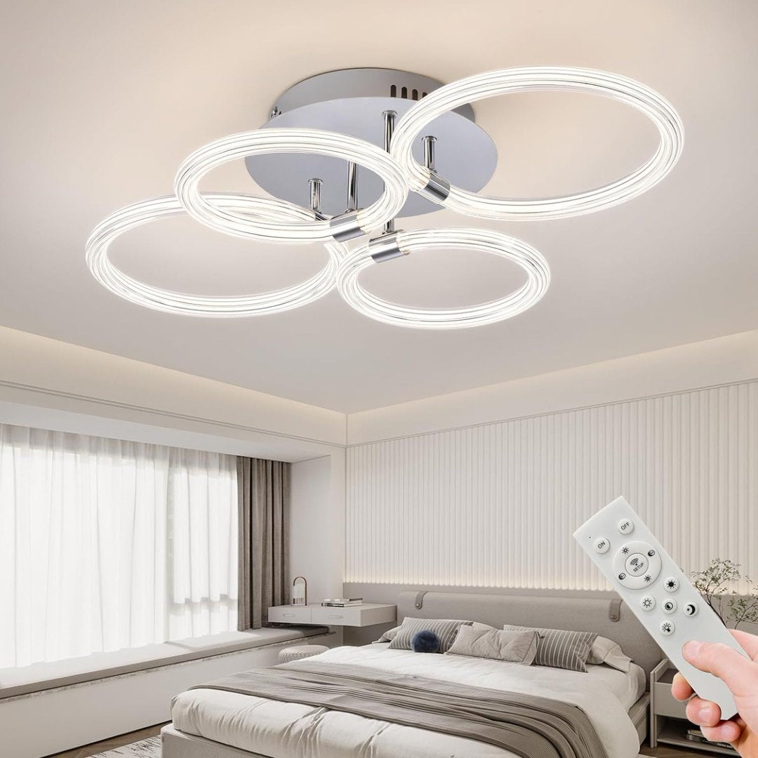 Modern LED Ceiling Light, Flush Mount Ceiling Light With Dimmable Remote Control, 6Rings Acrylic Ceiling Light Fixture F