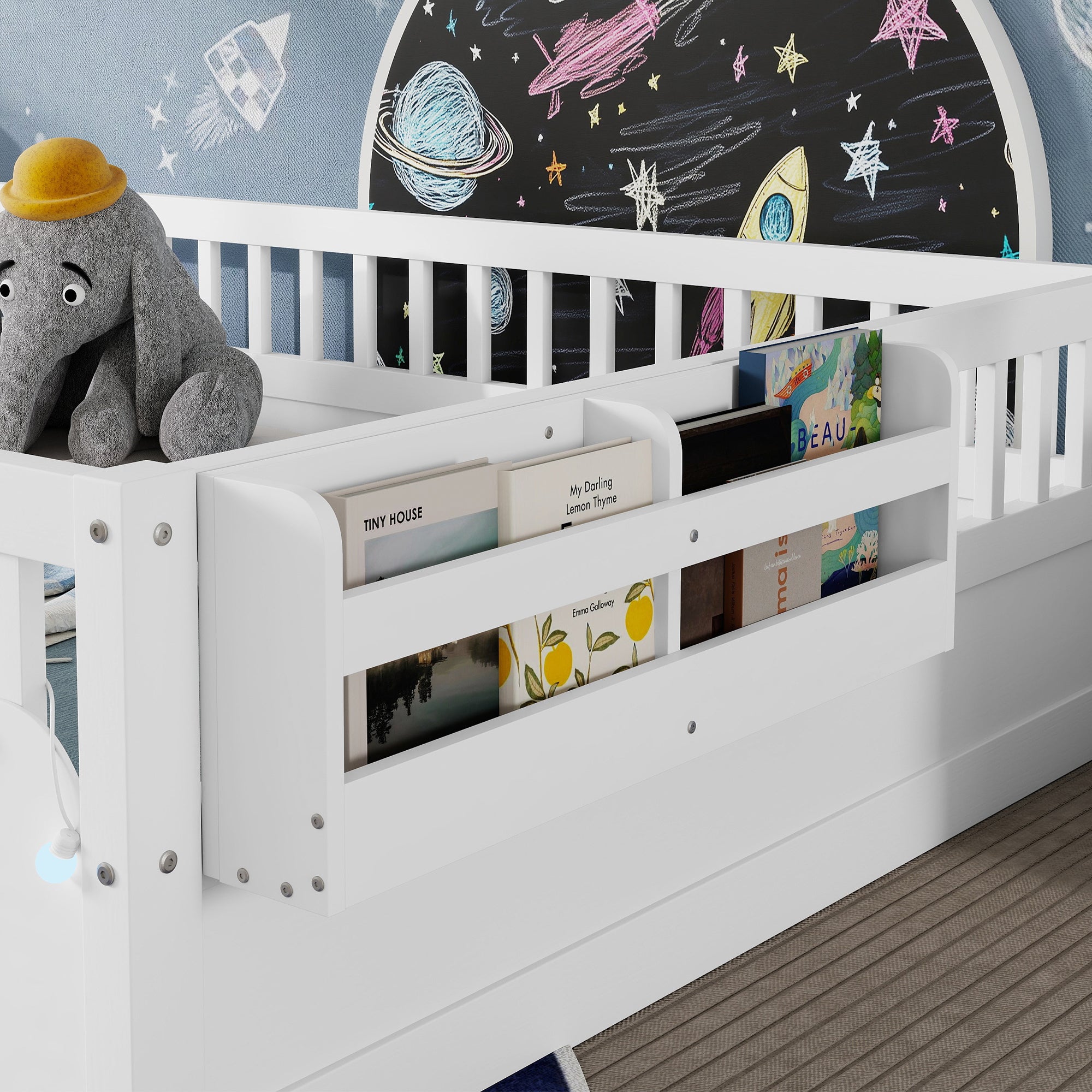 Full Montessori Floor Bed Frame With High Rails, Wood Kids Floor Beds With Light And Storage Shelf, White Expect Arrival