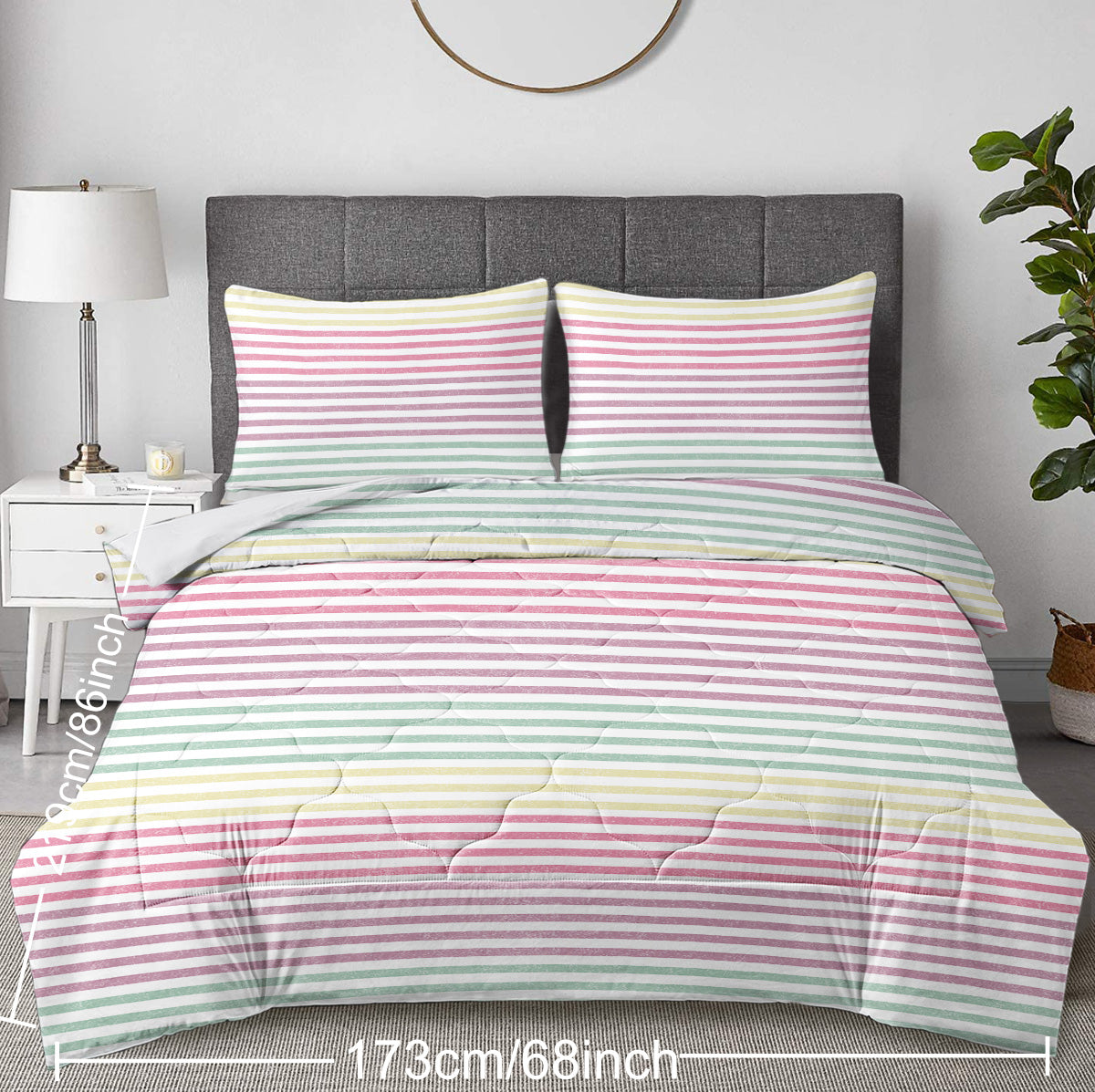 Striped Comforter Set Full Size, Rainbow Comforter Bedding Set Pink Yellow Green Purple 3 Piece, 1 Comforter And 2 Pillo