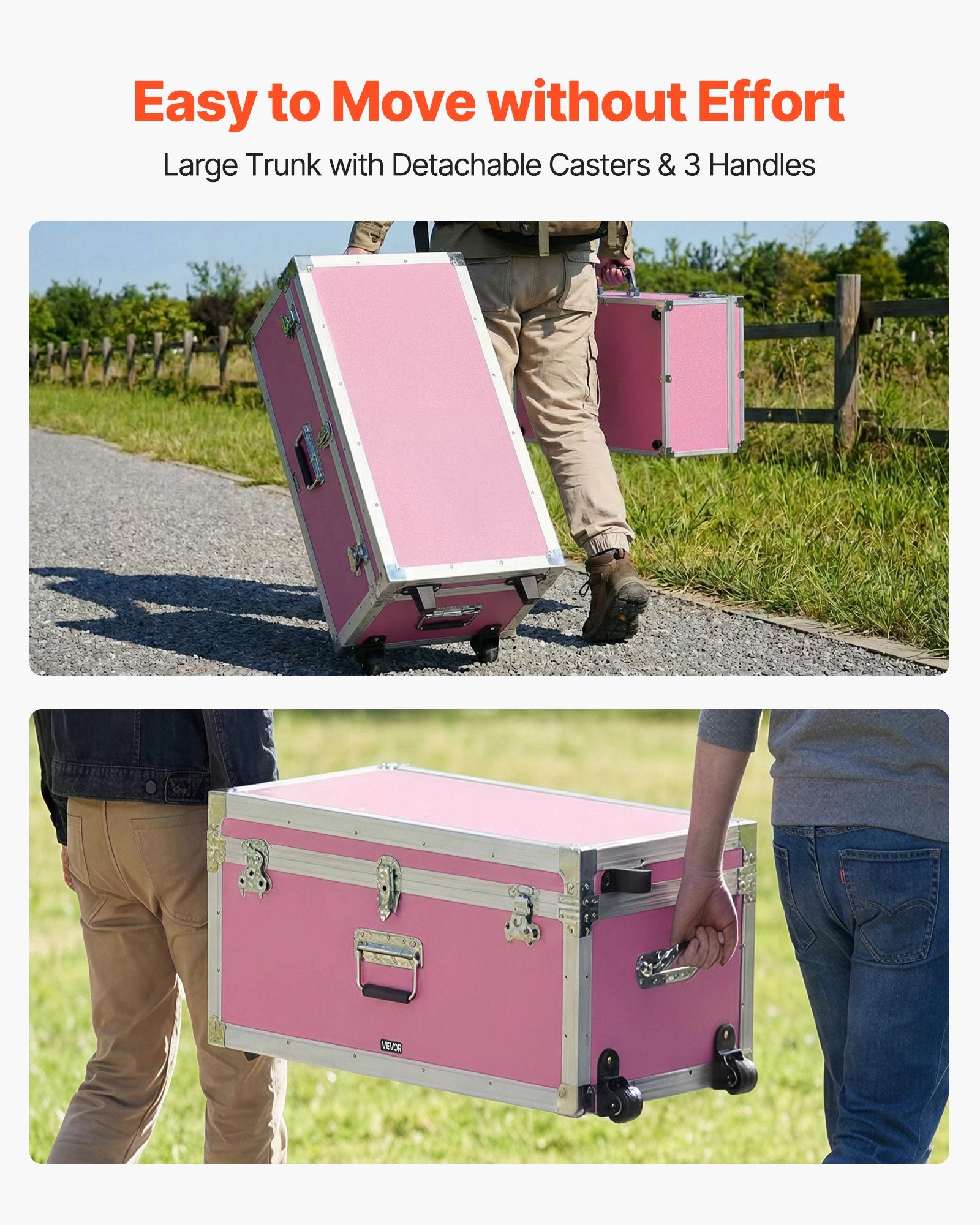 Metal Storage Trunk, Set Of 2, Wooden Suitcase Storage Boxes With Padlocks, Large Trunk Includes Casters & 3 Metal Handl