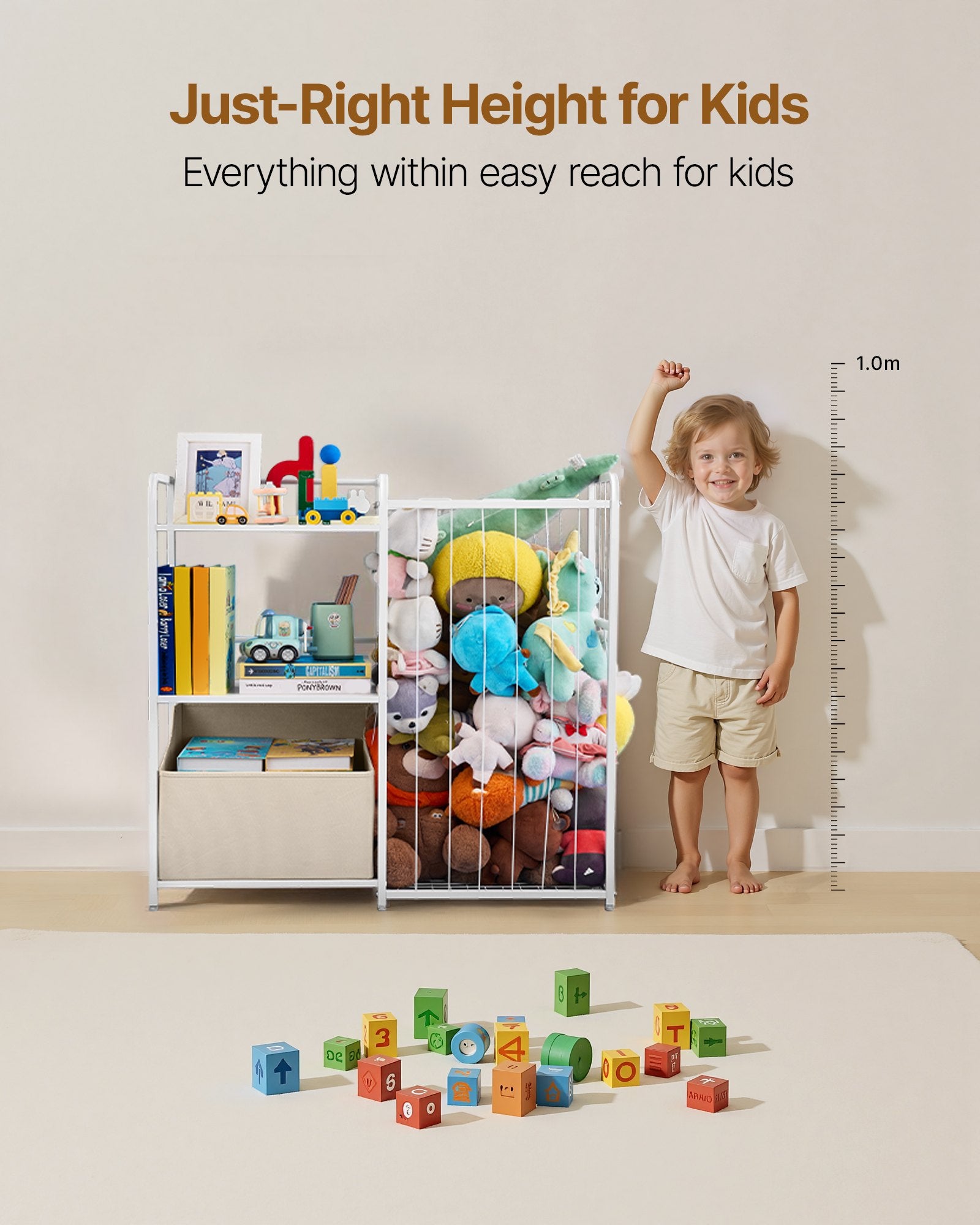 Kids Bookshelf And Stuffed Animal Storage, Toy Storage Organizer, 2-Tier Book Shelf With Fabric Toy Chest, Toy Storage F