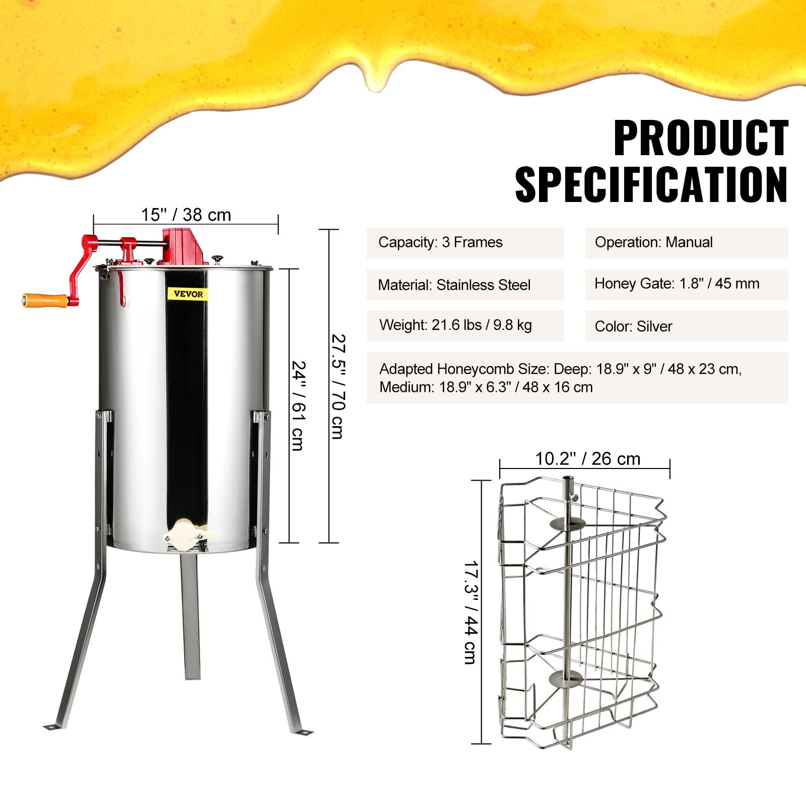 VEVOR Manual Honey Extractor, 3 Frames Honey Spinner Extractor, Stainless Steel Beekeeping Extraction, Honeycomb Drum Sp
