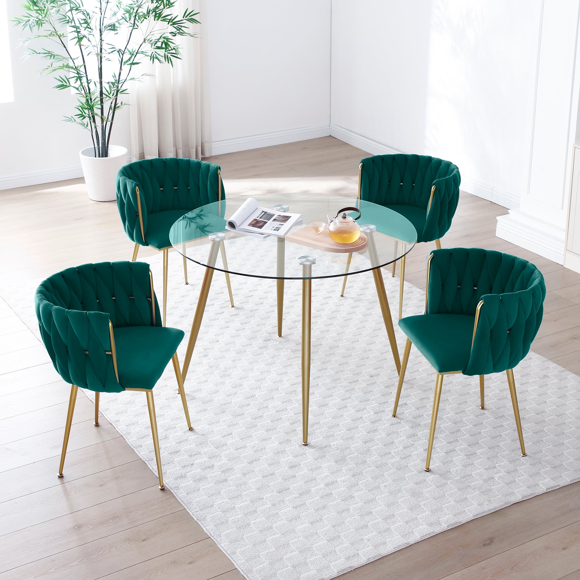 Modern Velvet Dining Chairs Set of 2, Upholstered Woven Dining Chair with Golden Metal Legs, Upholstered Dining Chairs f