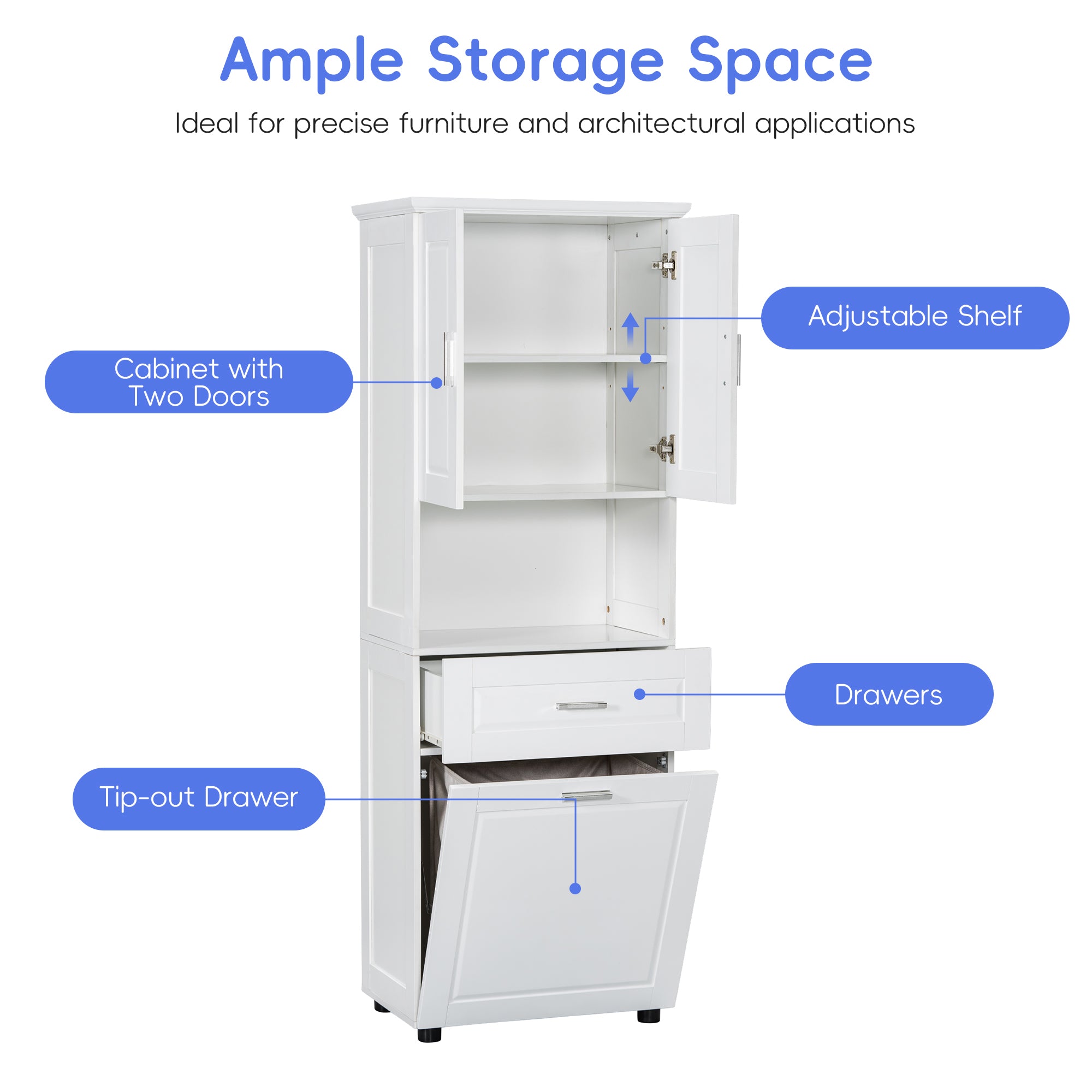 Tall Bathroom Cabinet With Laundry Basket, Large Storage Space Tilt-Out Laundry Hamper And Upper Storage Cabinet, White