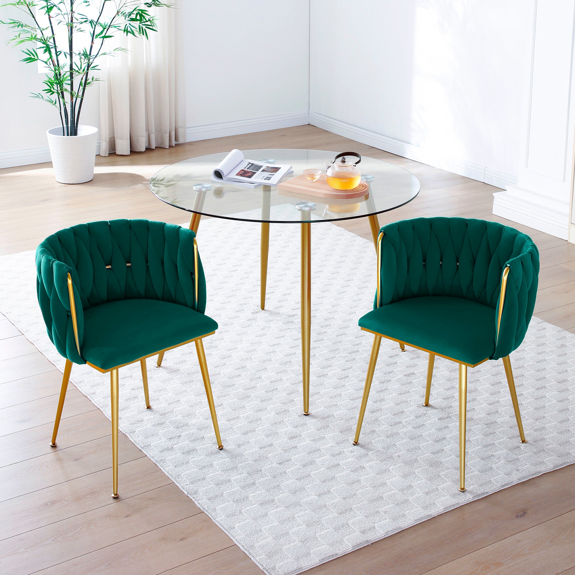 Modern Velvet Dining Chairs Set of 2, Upholstered Woven Dining Chair with Golden Metal Legs, Upholstered Dining Chairs f